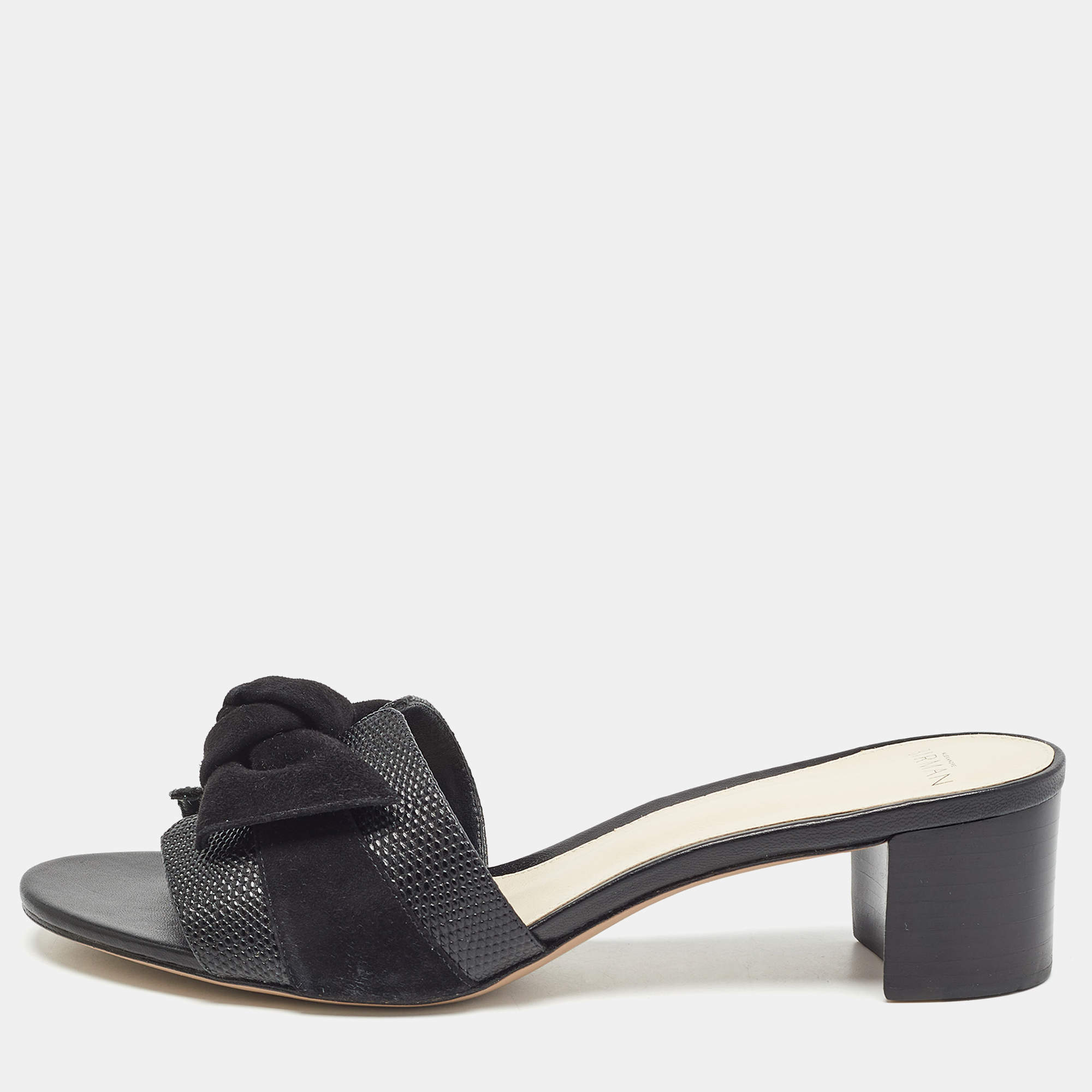 Alexandre Birman Black Lizard and Suede Slide Sandals Size 40