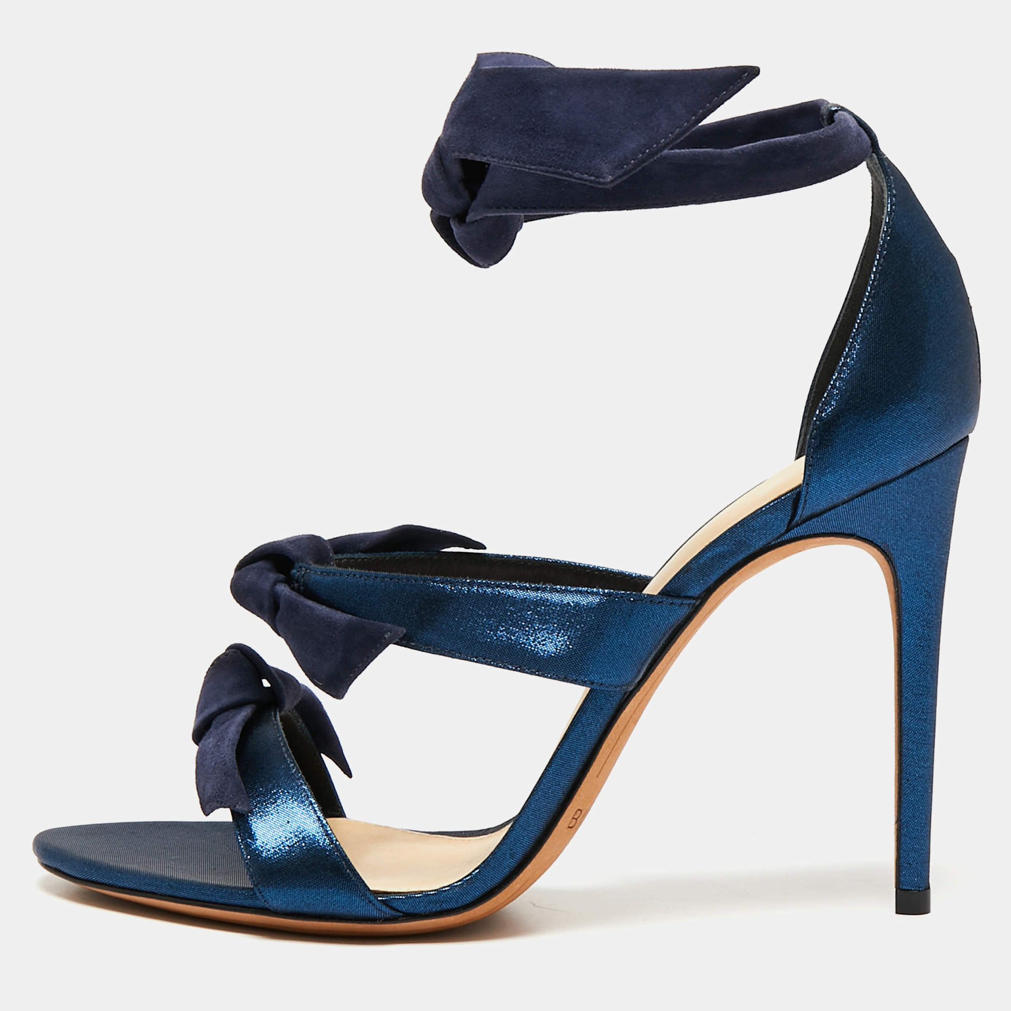 Alexandre Birman Navy Blue Glitter Fabric and Suede Gianna Three Bow Ankle Tie Sandals Size 40