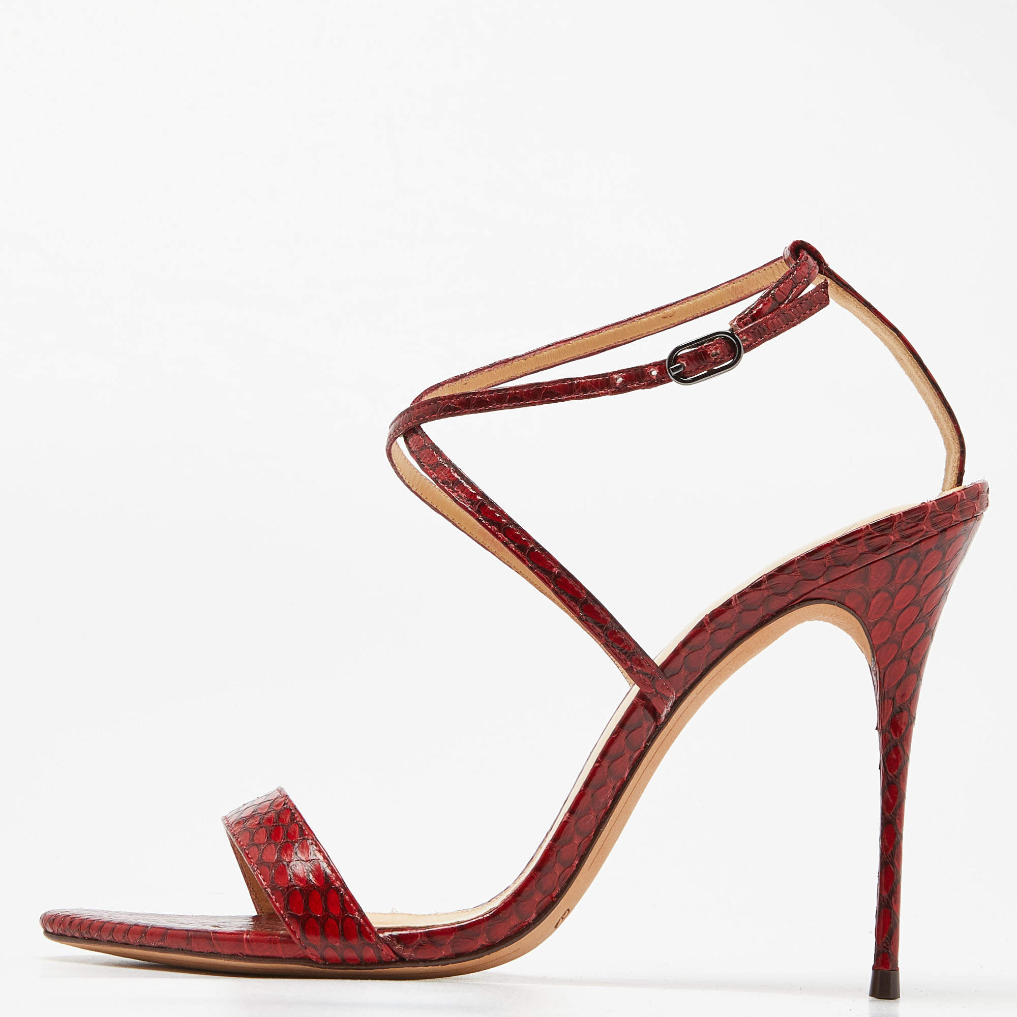 Pre Owned Alexandre Birman Red Python Leather Ankle Strap Sandals Size 39