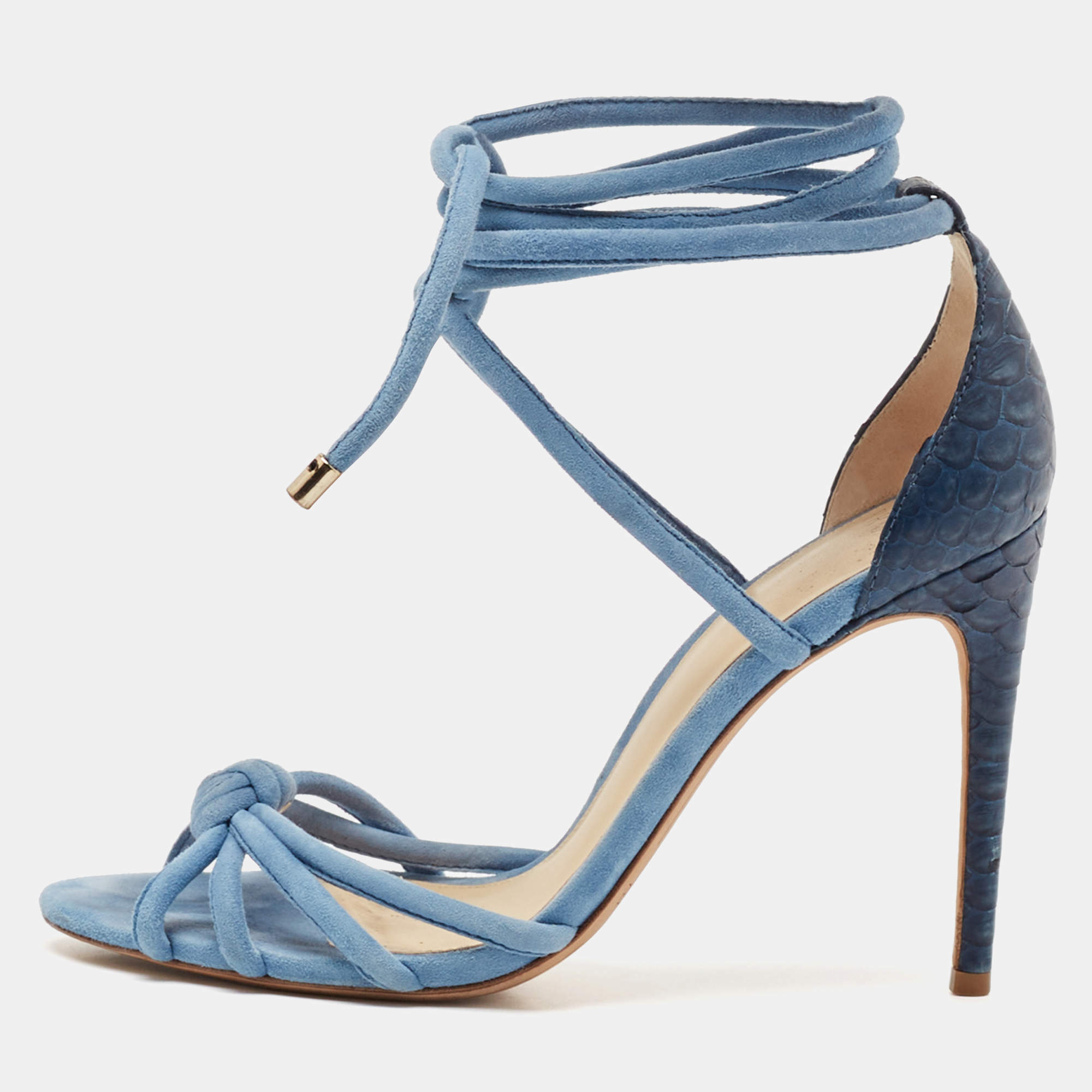 Alexandre Birman Blue Python and Suede Ankle Wrap Sandals Size 37.5