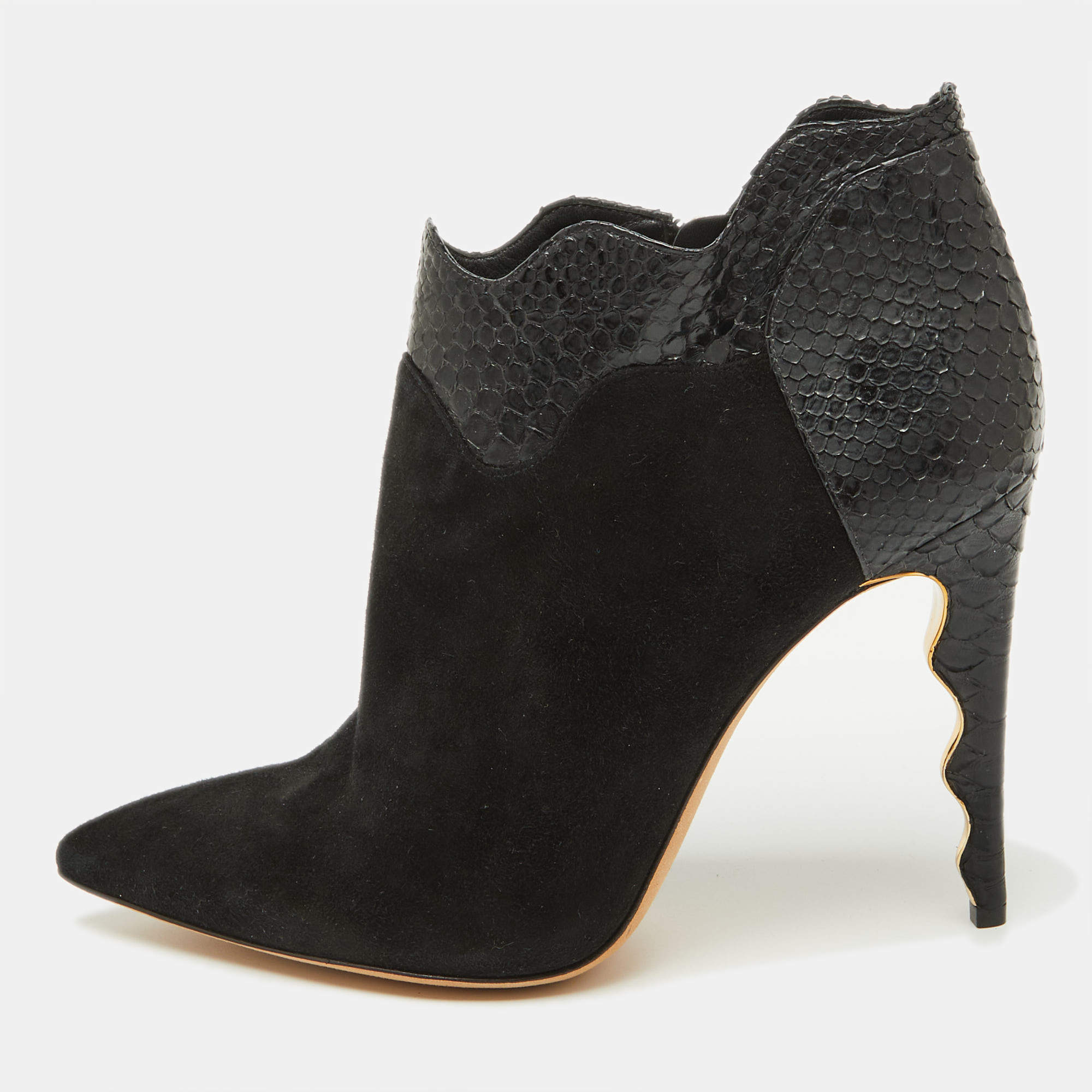 Alexander Birman Black Suede and Python Pointed Toe Ankle Booties Size 41
