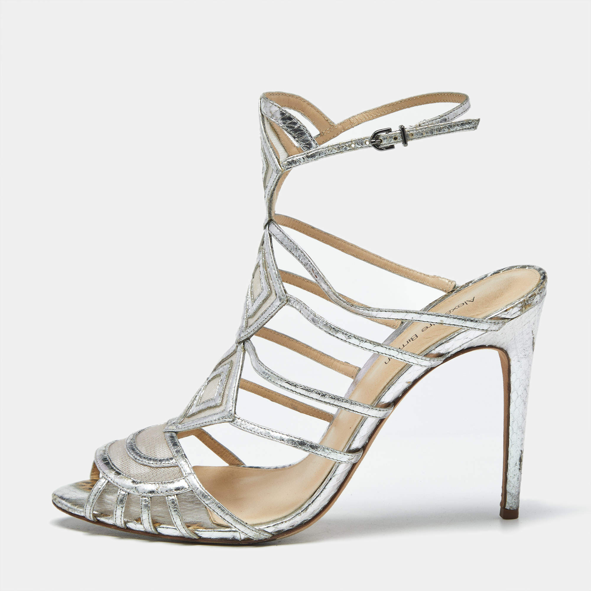 Pre Owned Alexandre Birman Silver Snakeskin Embossed Leather Caged Ankle Wrap Sandals Size 41