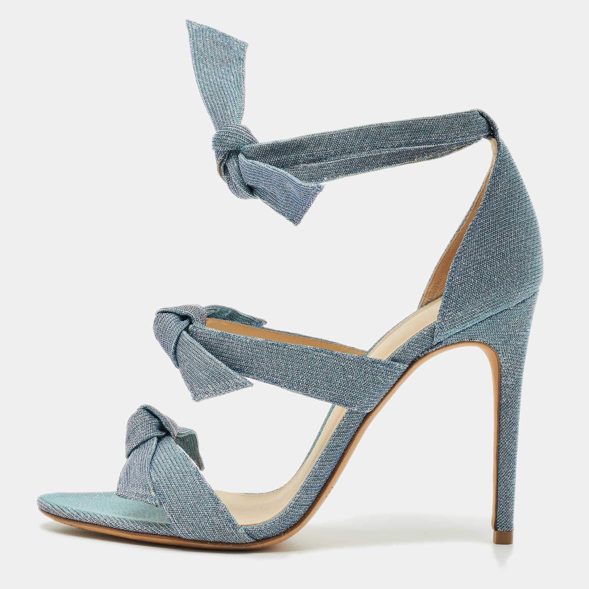 Pre Owned Alexandre Birman Blue Metallic Lurex Fabric Lolita Knot Ankle Strap Sandals Size 39