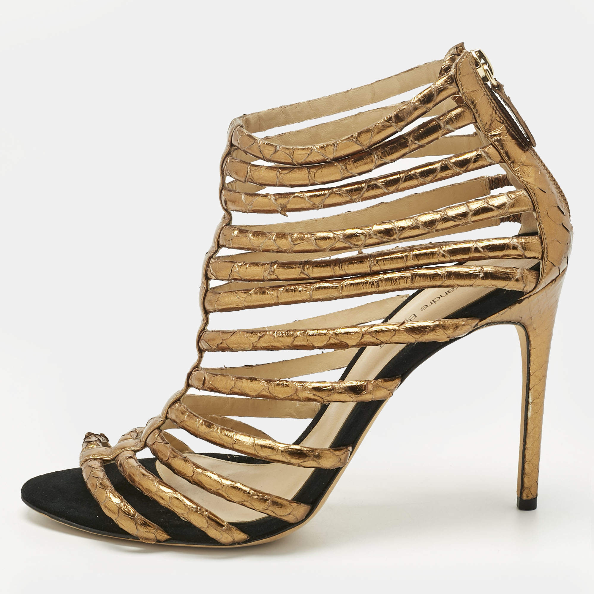 Pre Owned Alexandre Birman Gold Python Embossed Leather Caged Zipper Sandals Size 40