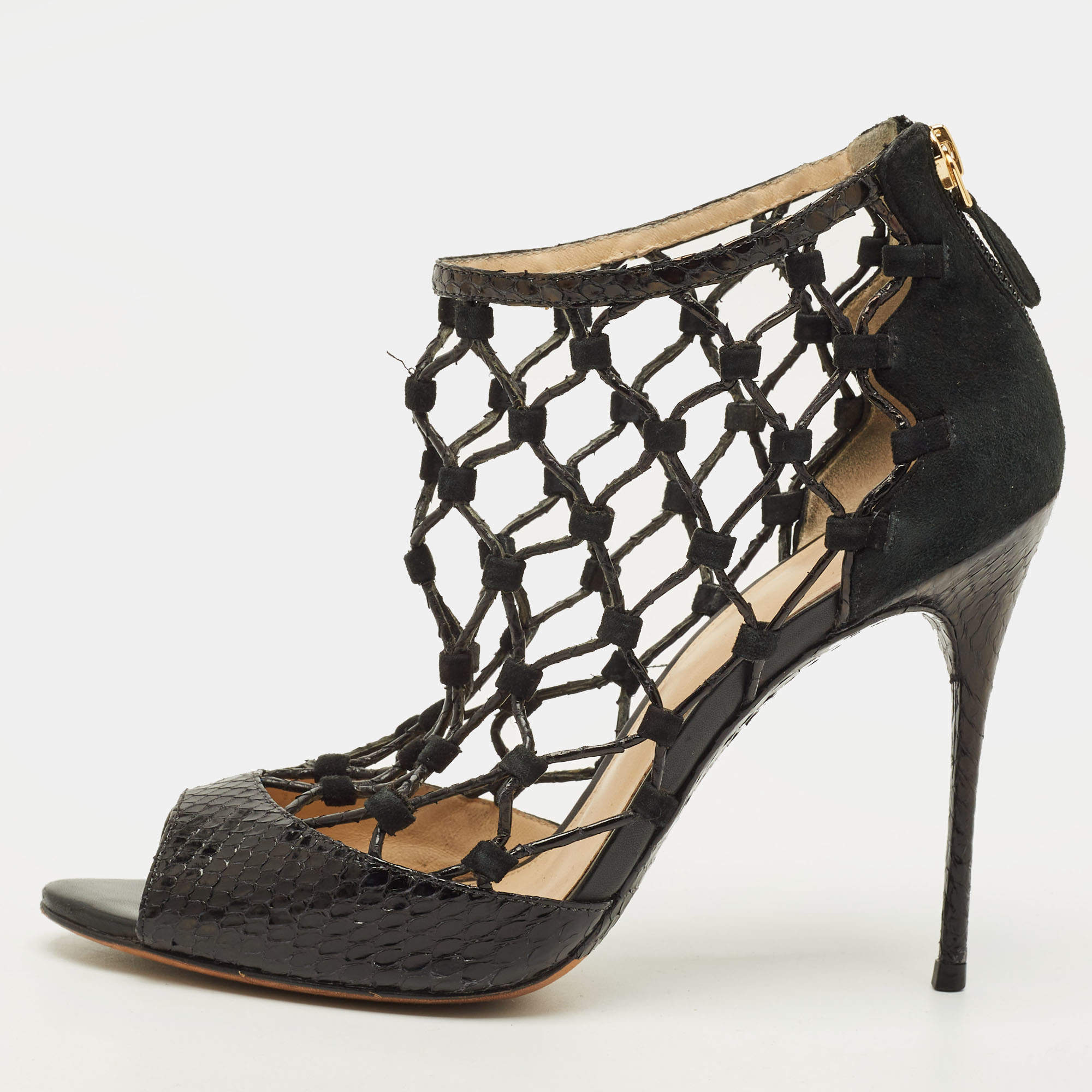 مملوكة مسبقًا Alexandre Birman Size 38.5 Black Python Leather and Suede Gladiator Sandals