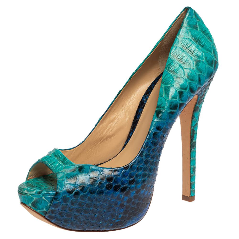 Alexandre Birman Two Tone Blue Python Peep Toe Platform Pumps Size 40.5