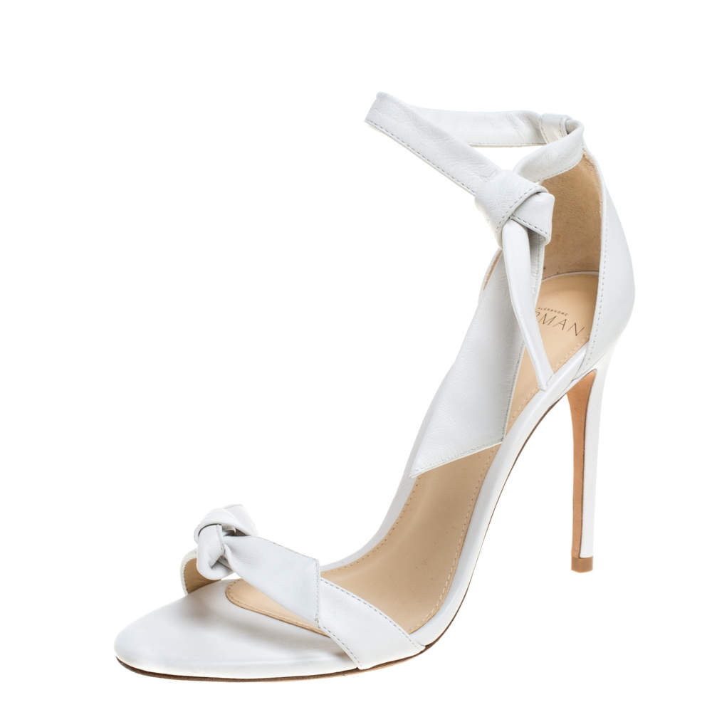 Pre Owned Alexandre Birman White Leather Clarita Bow Ankle Wrap Sandals Size 37