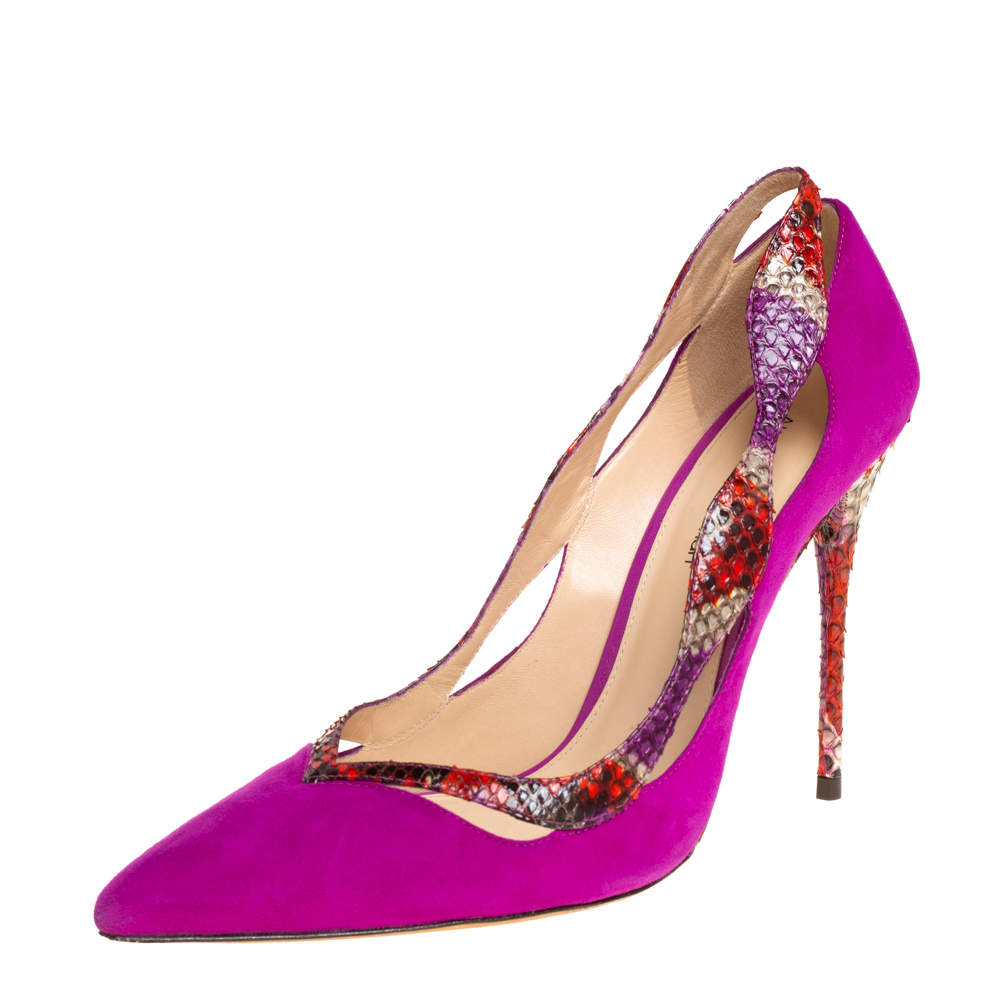 Alexandre Birman Purple Python and Suede Pointed Toe Pumps Size 38.5