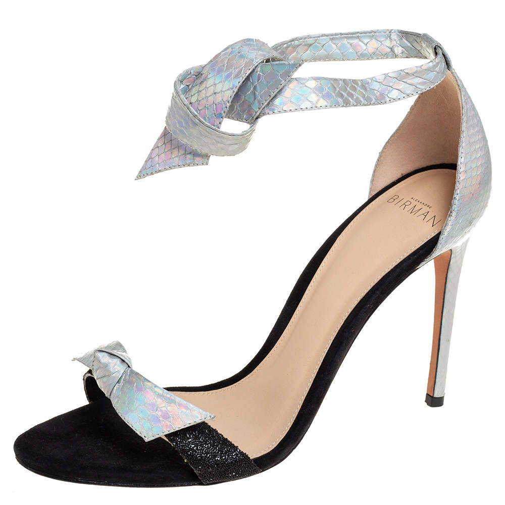 Alexandre Birman Python Embossed Leather And Suede  Bow Ankle Wrap Sandals Size 37