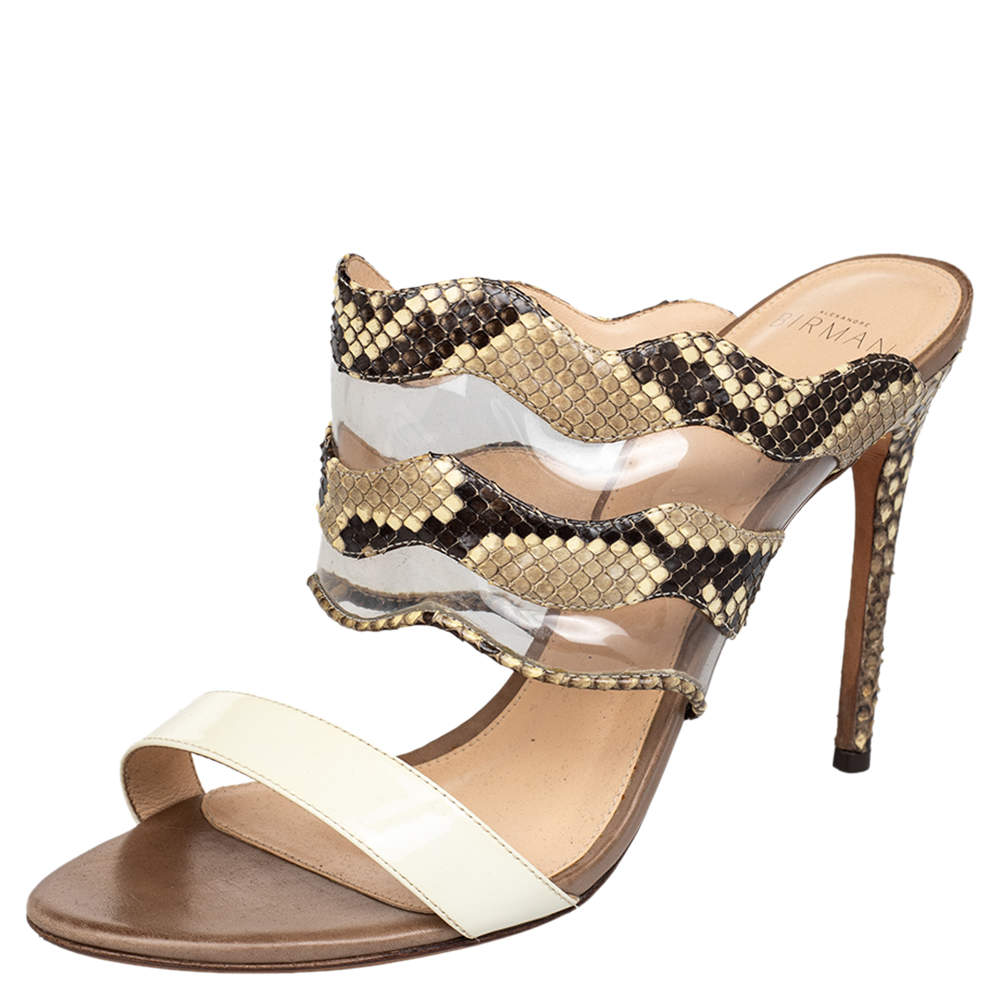 Alexandre Birman Beige/Brown Patent Leather And Python Open Toe Slide Sandals Size 39