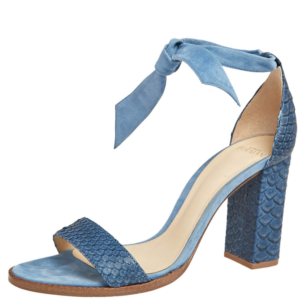 Alexandre Birman Blue Suede, Python Embossed Leather Ankle Wrap  Sandals Size 37.5