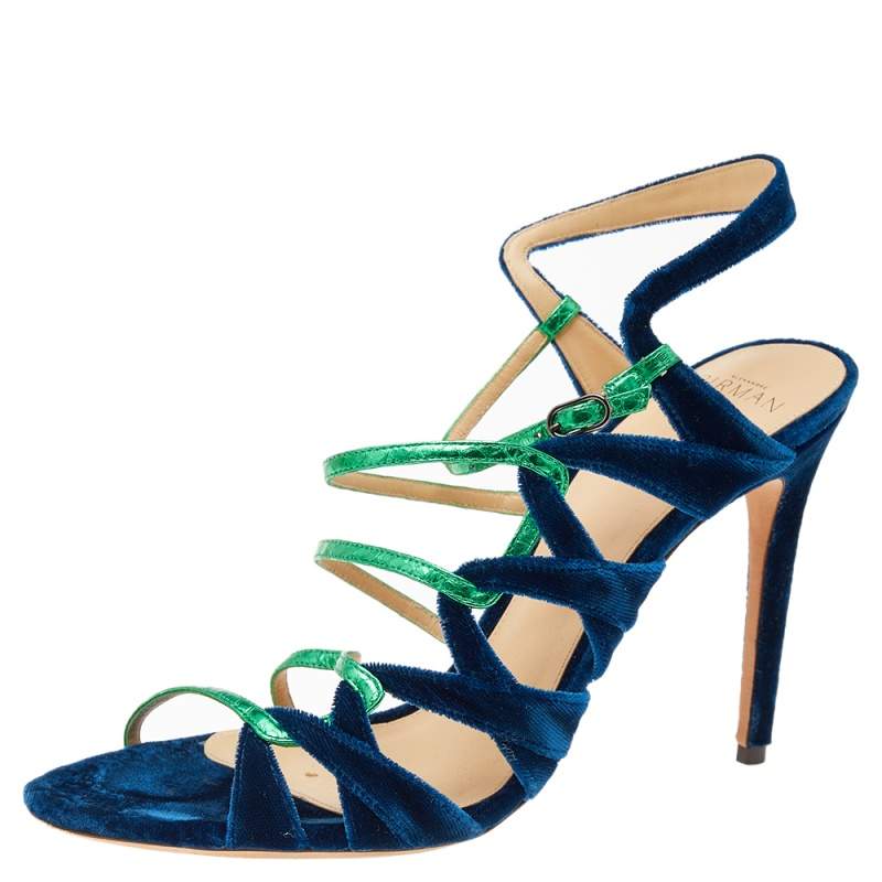 Pre Owned Alexandre Birman Green-Blue Velvet And Snakeskin Nolita Buccata Strappy Sandals Size 41