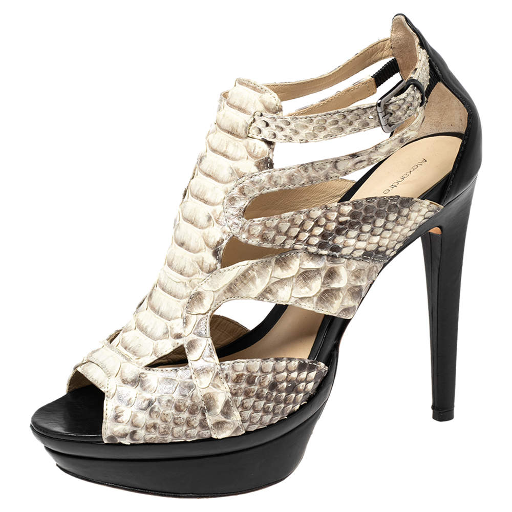 Alexandre Birman Beige/Brown Python And Leather Platform Sandals Size 40