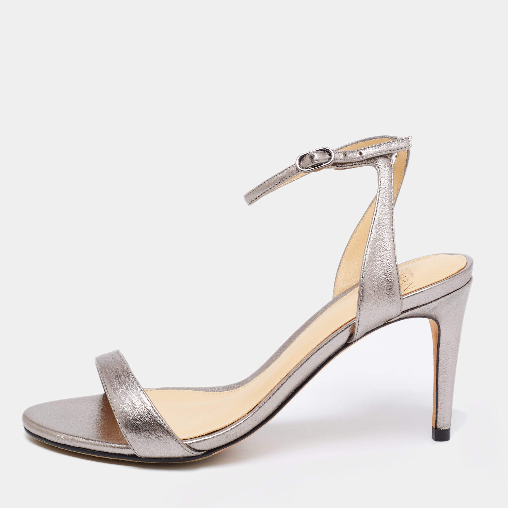 Pre Owned Alexandre Birman Metallic Grey Leather Ankle-Strap Sandals Size 35.5