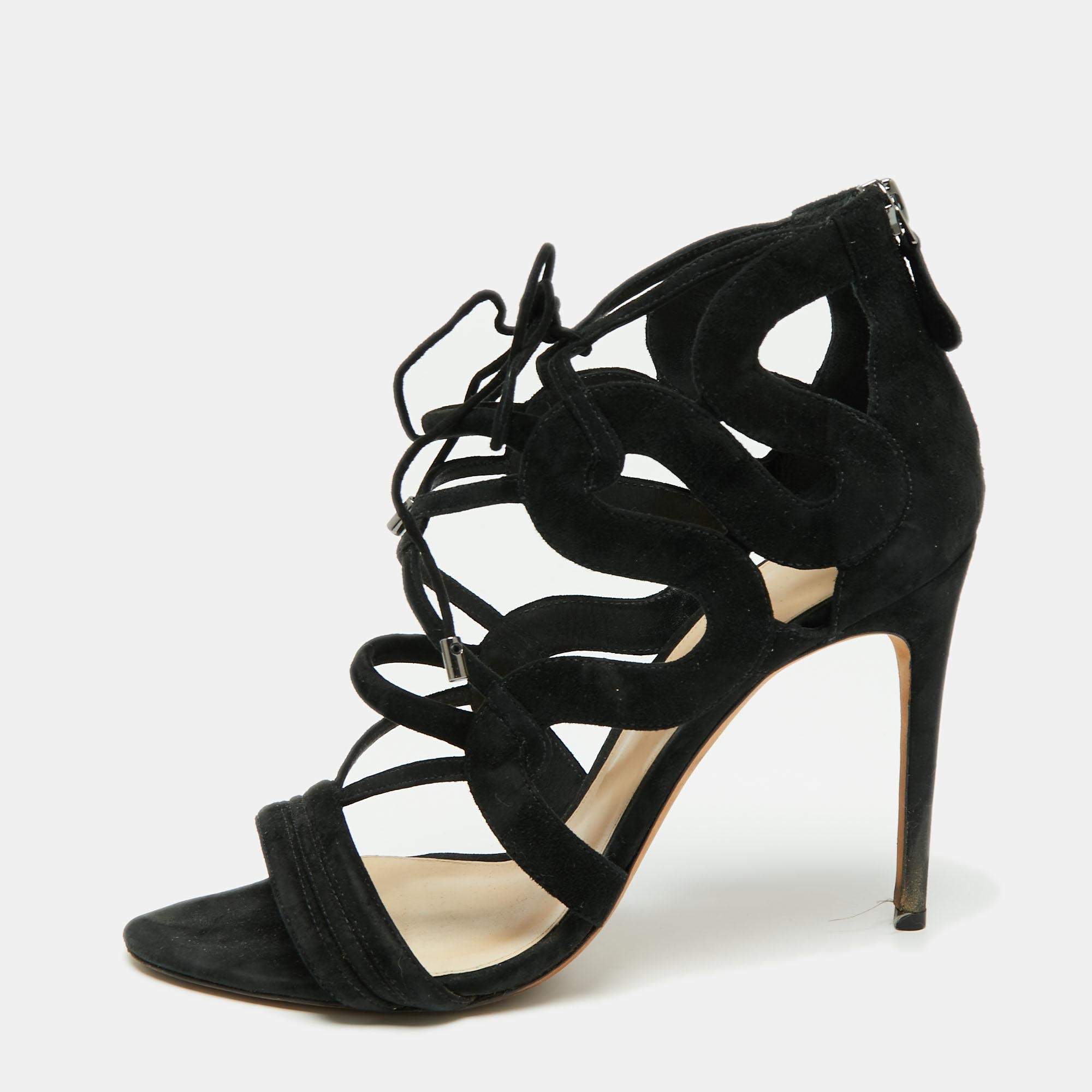 Pre Owned Alexandre Birman Black Suede Elenara Ankle Strappy Tie Up Sandals Size 39.5