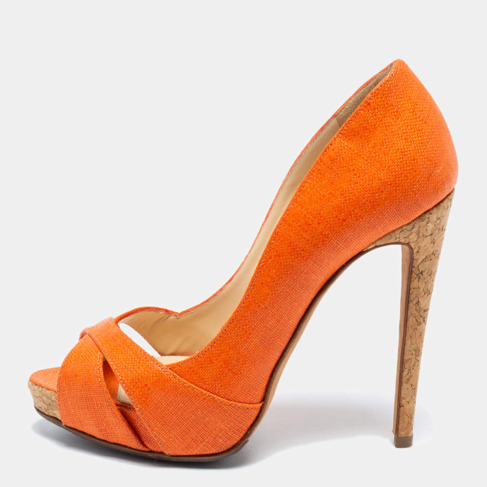 Pre Owned Alexandre Birman Orange Leather Peep Toe Pumps Size 36