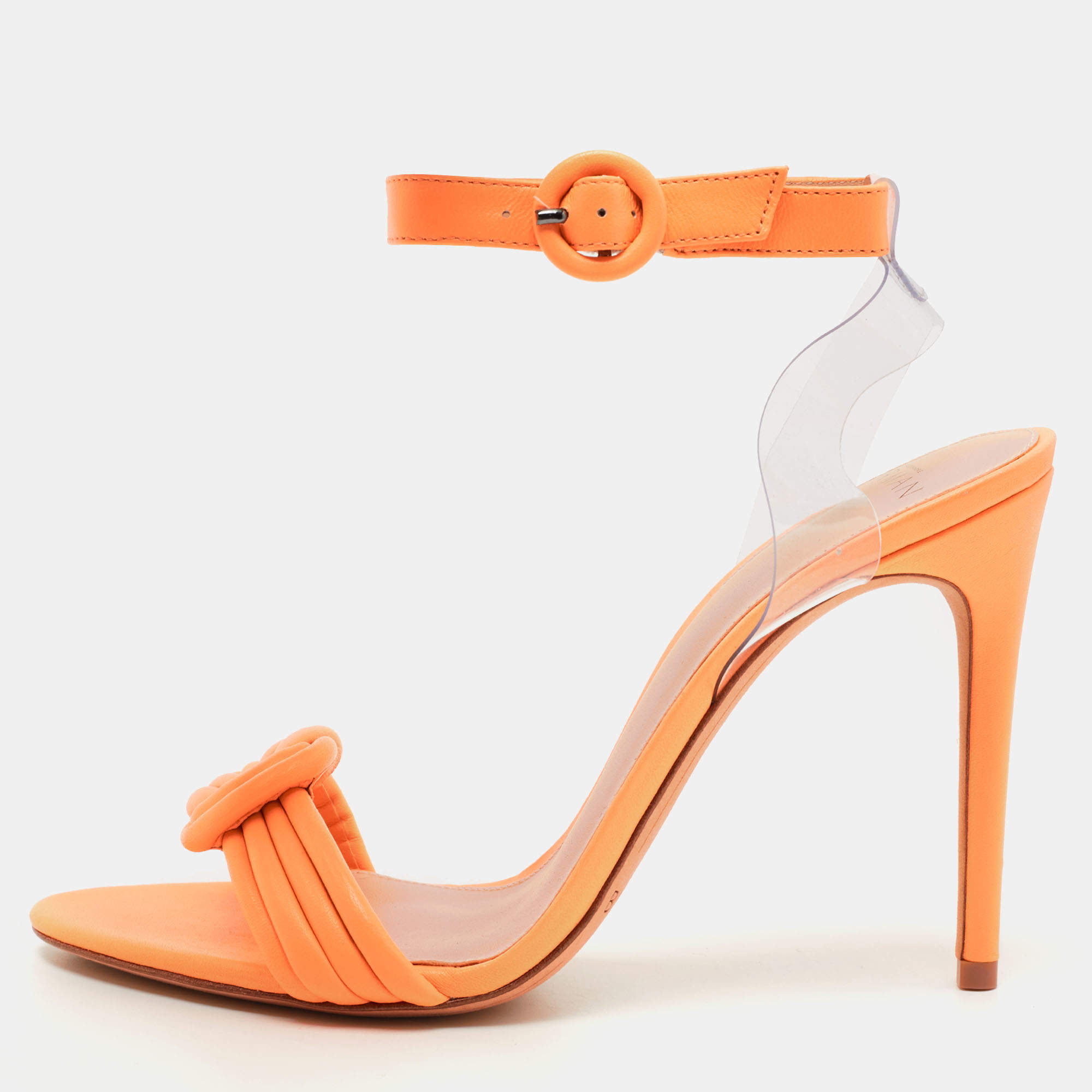  Alexandre Birman Orange Leather Knot Ankle Strap Sandals Size 39