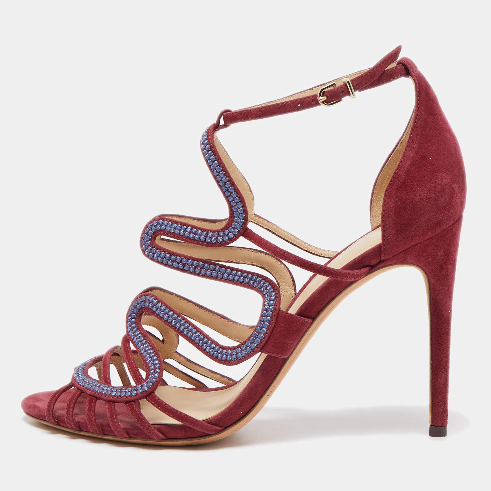 Pre Owned Alexandre Birman Burgundy Suede Ankle Strap Cage Sandals Size 38