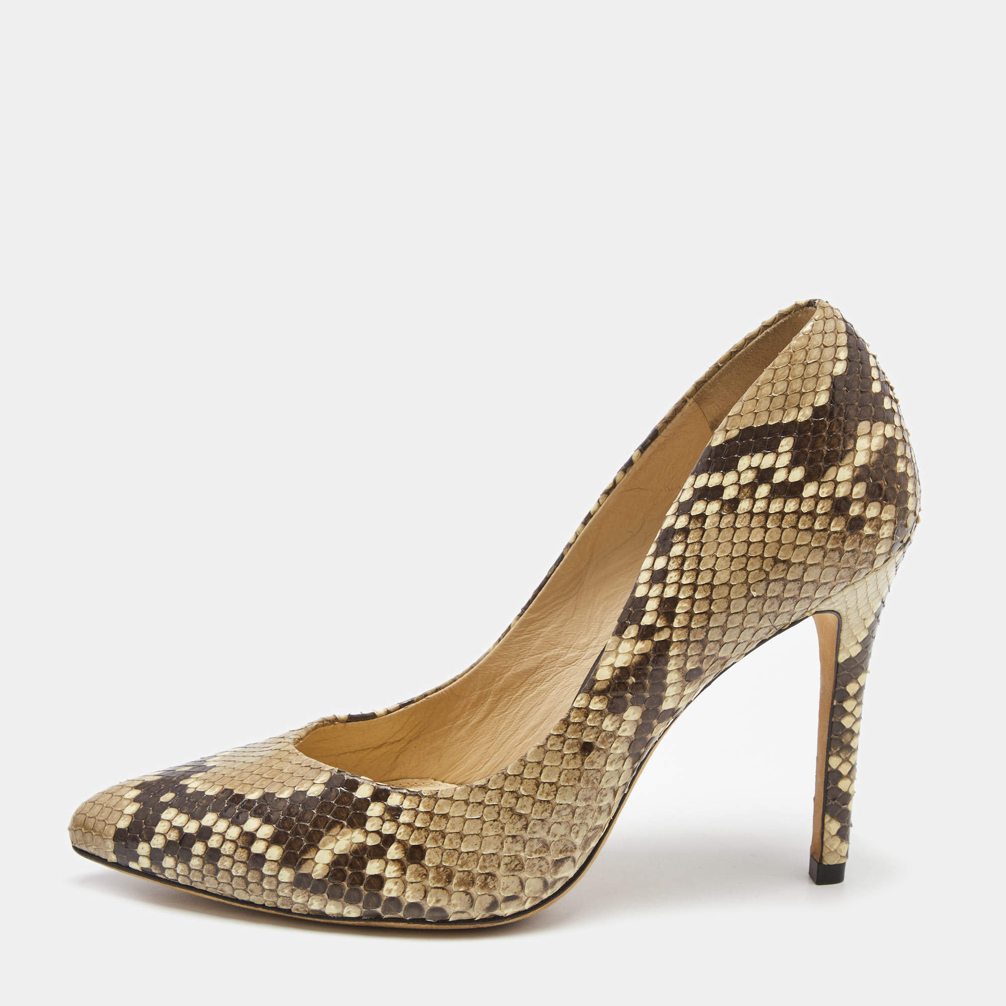 Pre Owned Alexandra Birman Beige/Brown Python Pointed Toe Pumps Size 37.5