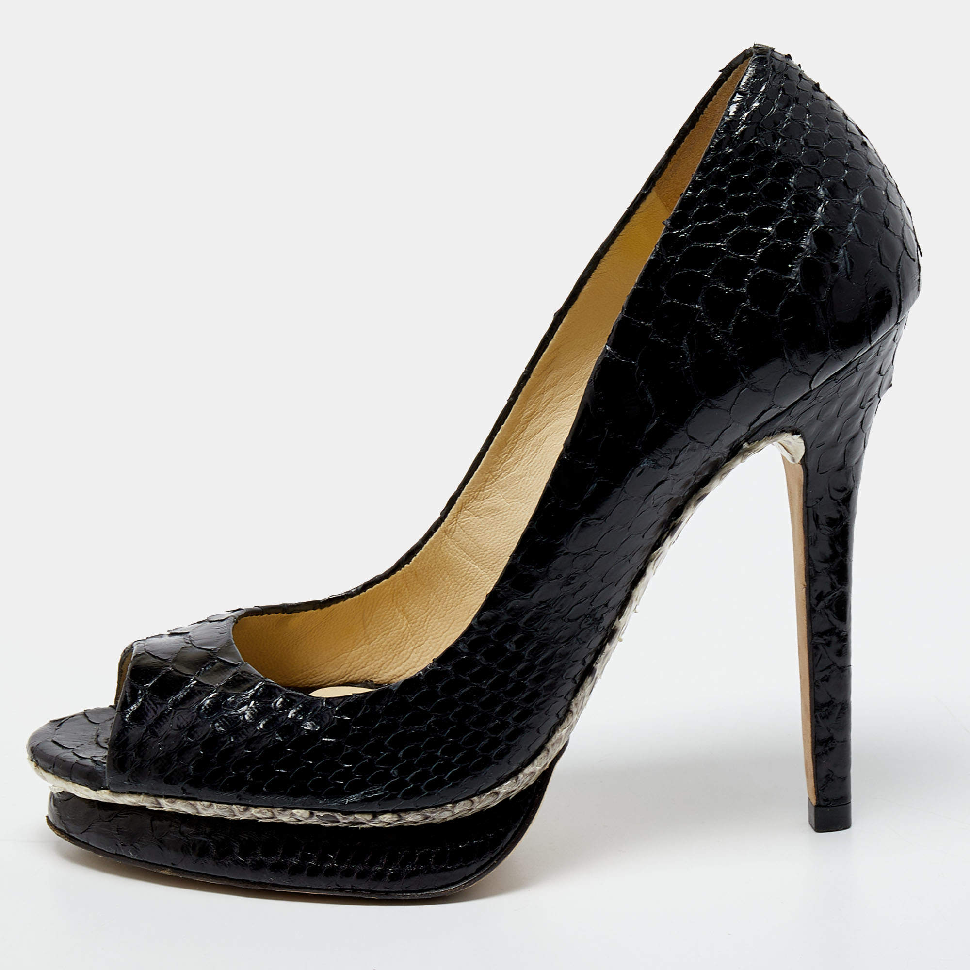 Alexandre Birman Black Python Peep Toe Platform Pumps Size 39.5