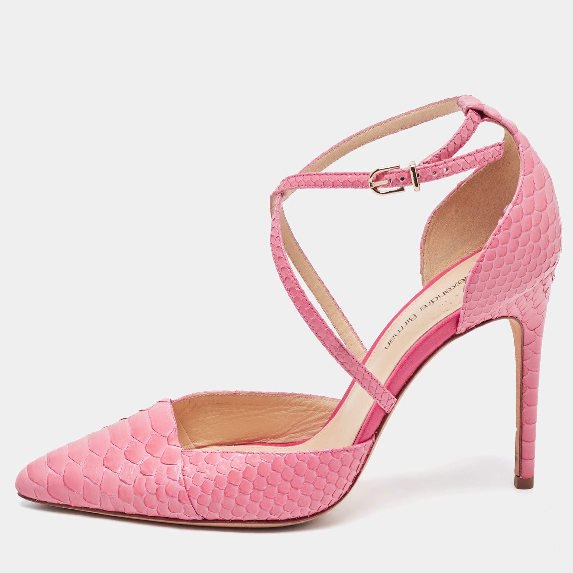 Alexandre Birman Pink Python Leather Crisscross Strap Pumps Size 37.5