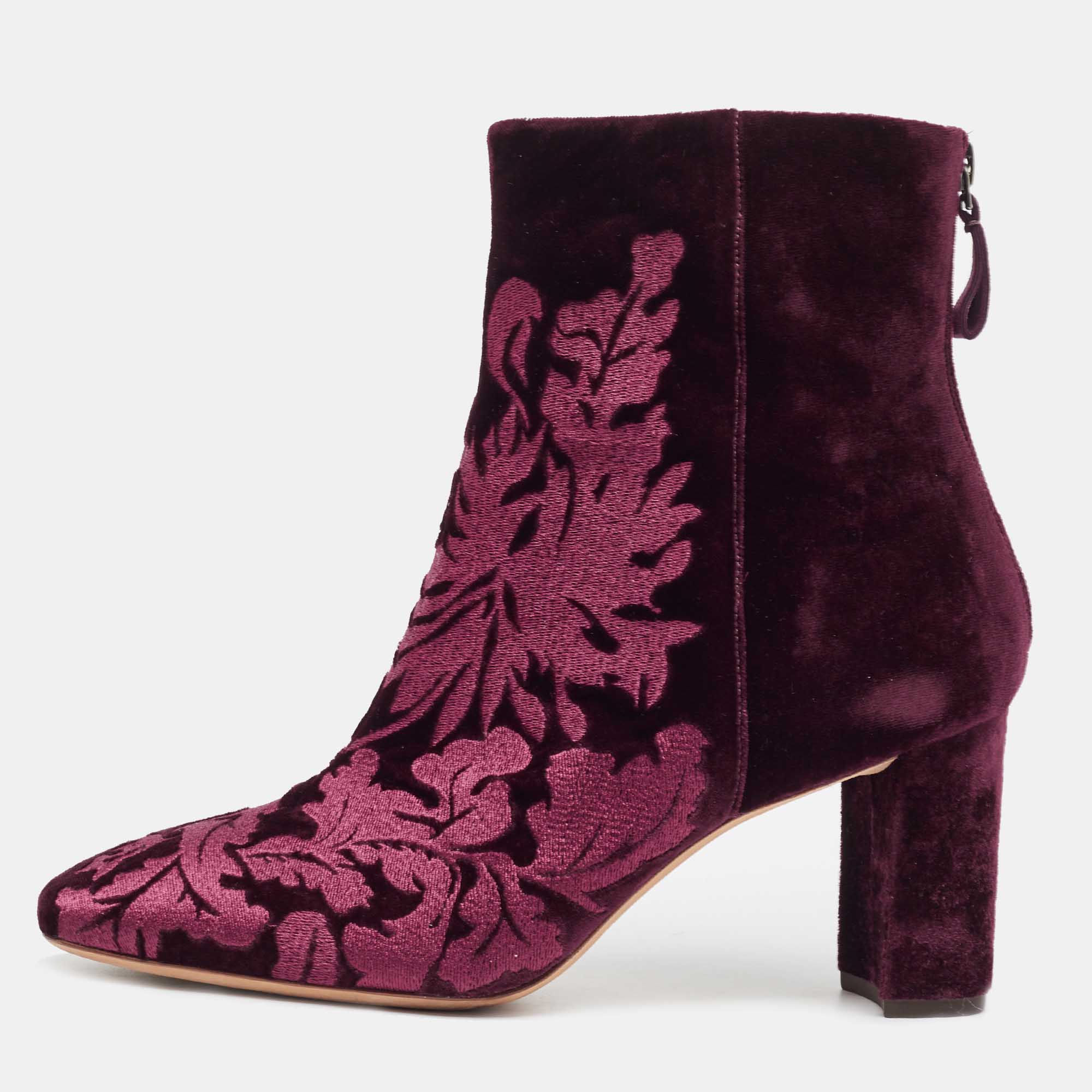 Alexandre Birman Burgundy Floral Velvet Block Heel Ankle Boots Size 41