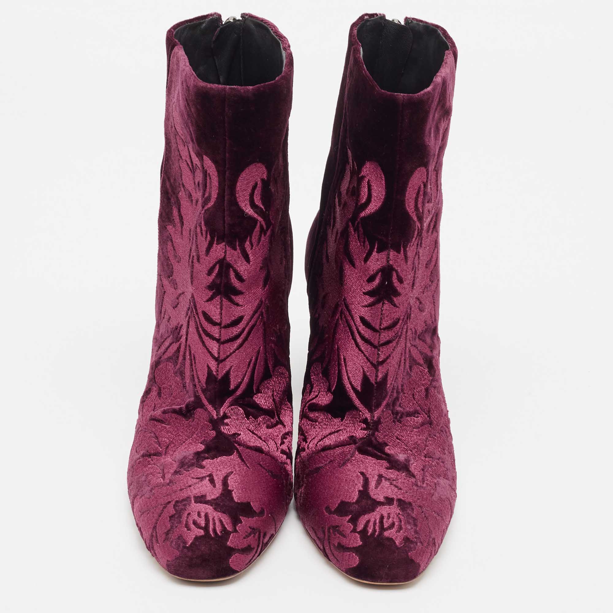 Pre Owned Alexandre Birman Burgundy Floral Velvet Block Heel Ankle Boots Size 41