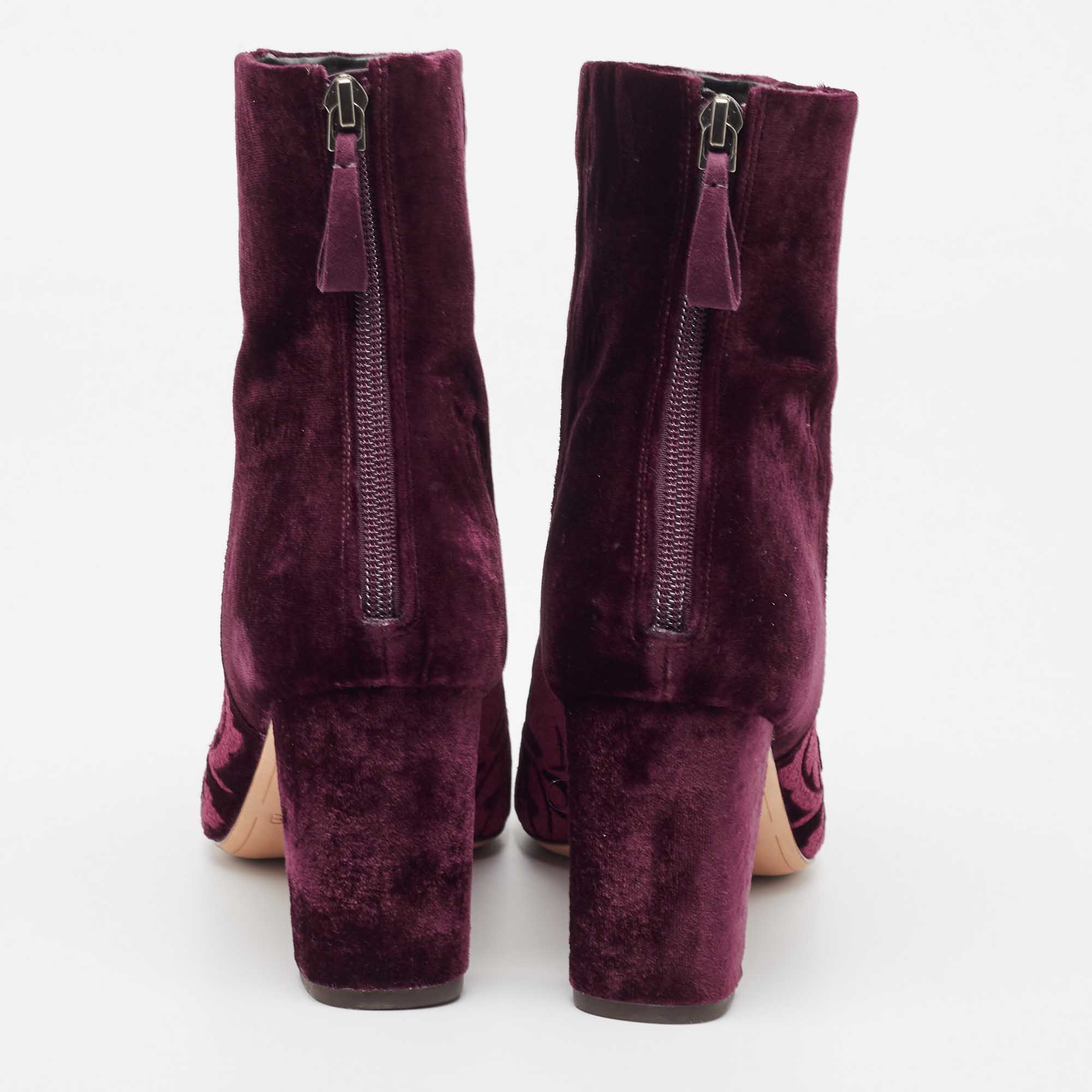 Pre Owned Alexandre Birman Burgundy Floral Velvet Block Heel Ankle Boots Size 41