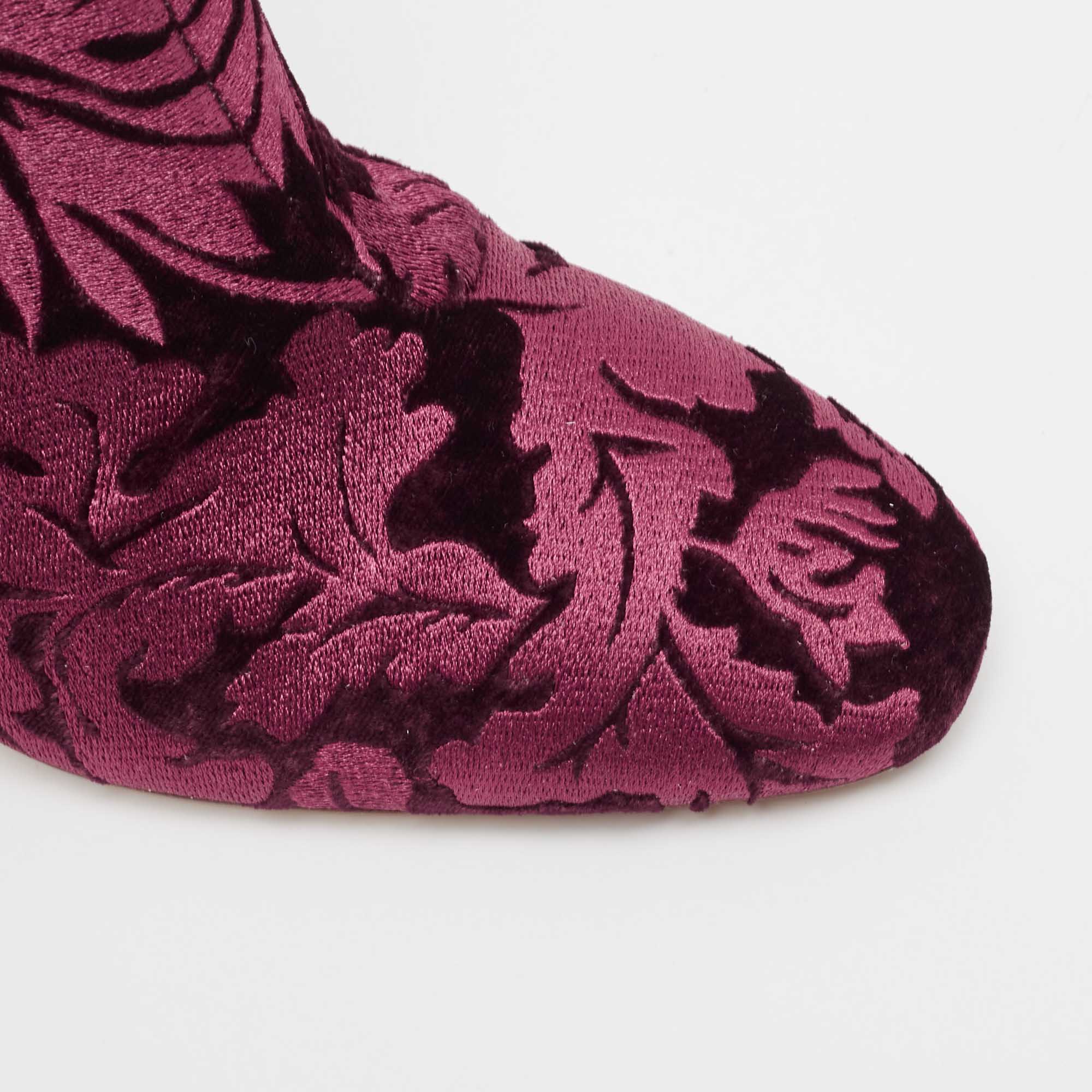 Pre Owned Alexandre Birman Burgundy Floral Velvet Block Heel Ankle Boots Size 41