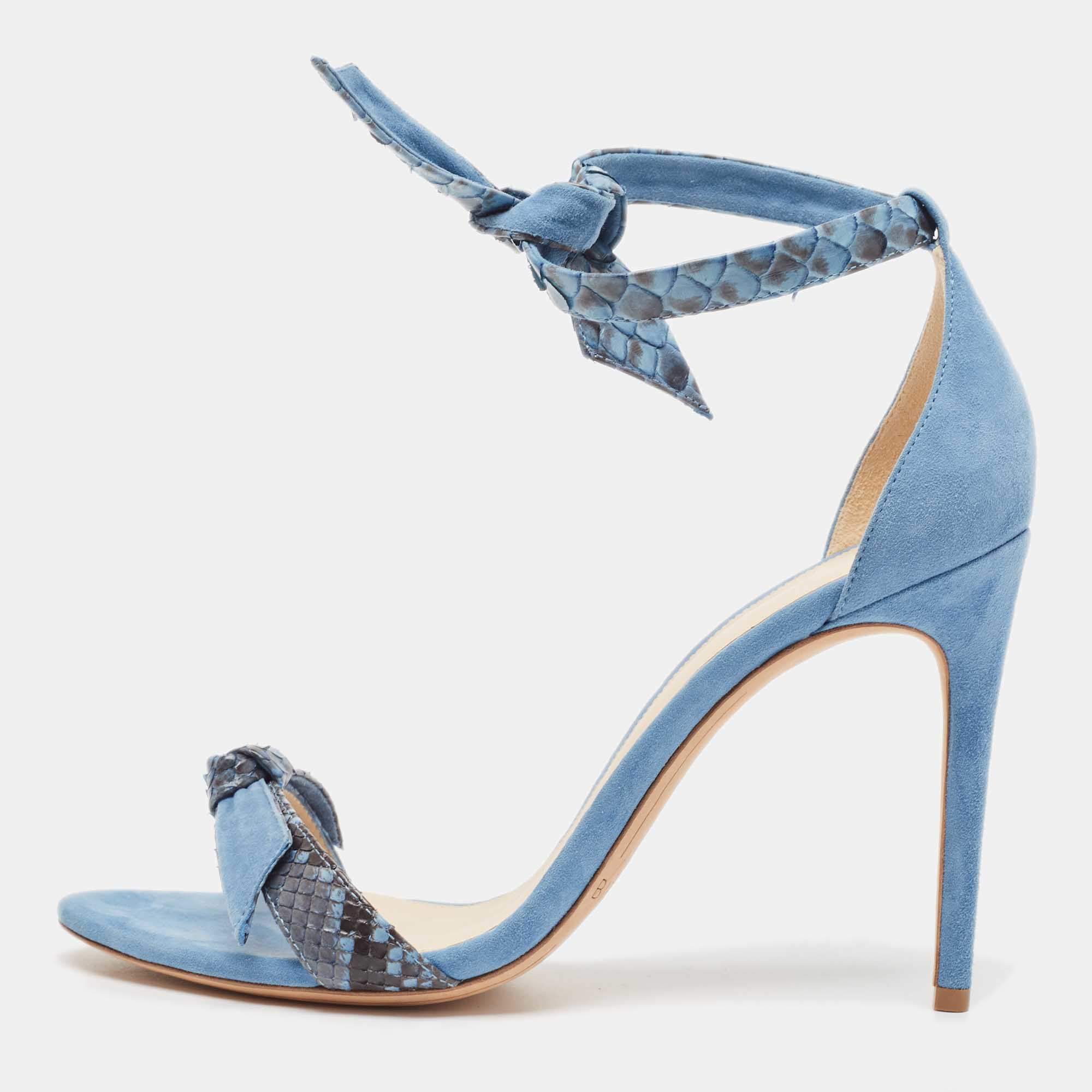 Alexandre Birman Blue Suede and Python Clarita Ankle Wrap Sandals Size 39.5