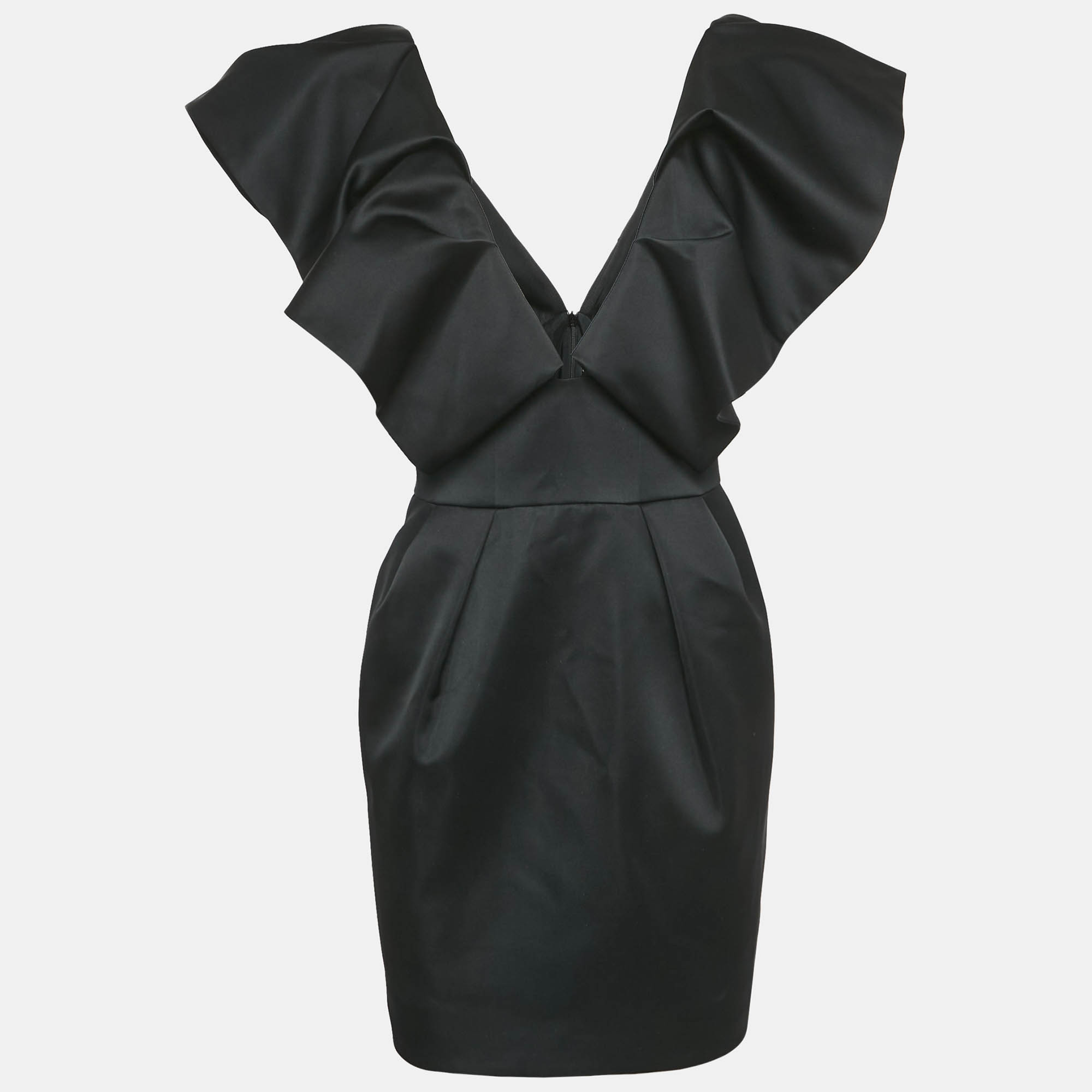 Pre Owned Alexandre Vauthier Black Satin Ruffled V-Neck Mini Dress M