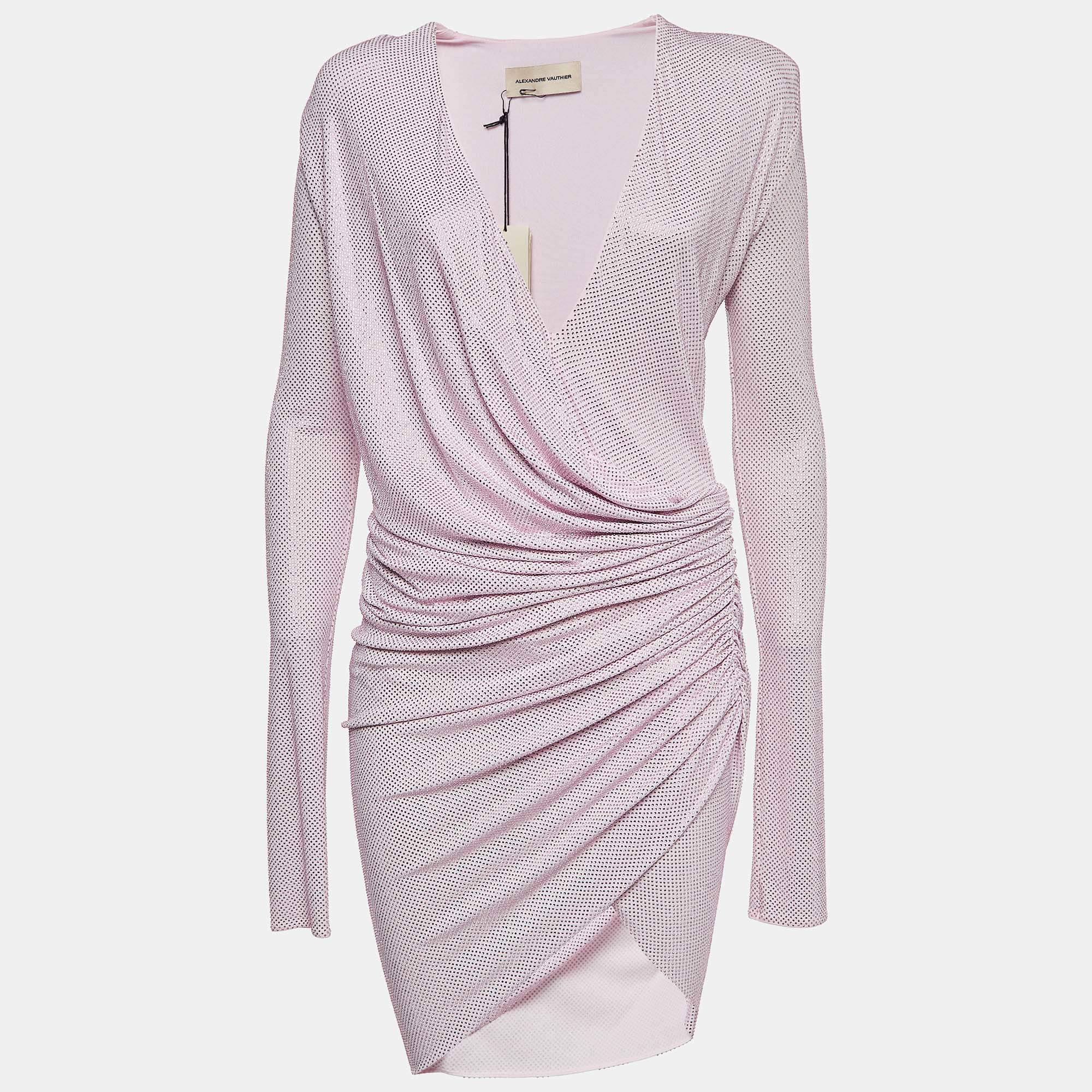 Alexandre Vauthier Pink Crystal Embellished Draped Mini Dress M