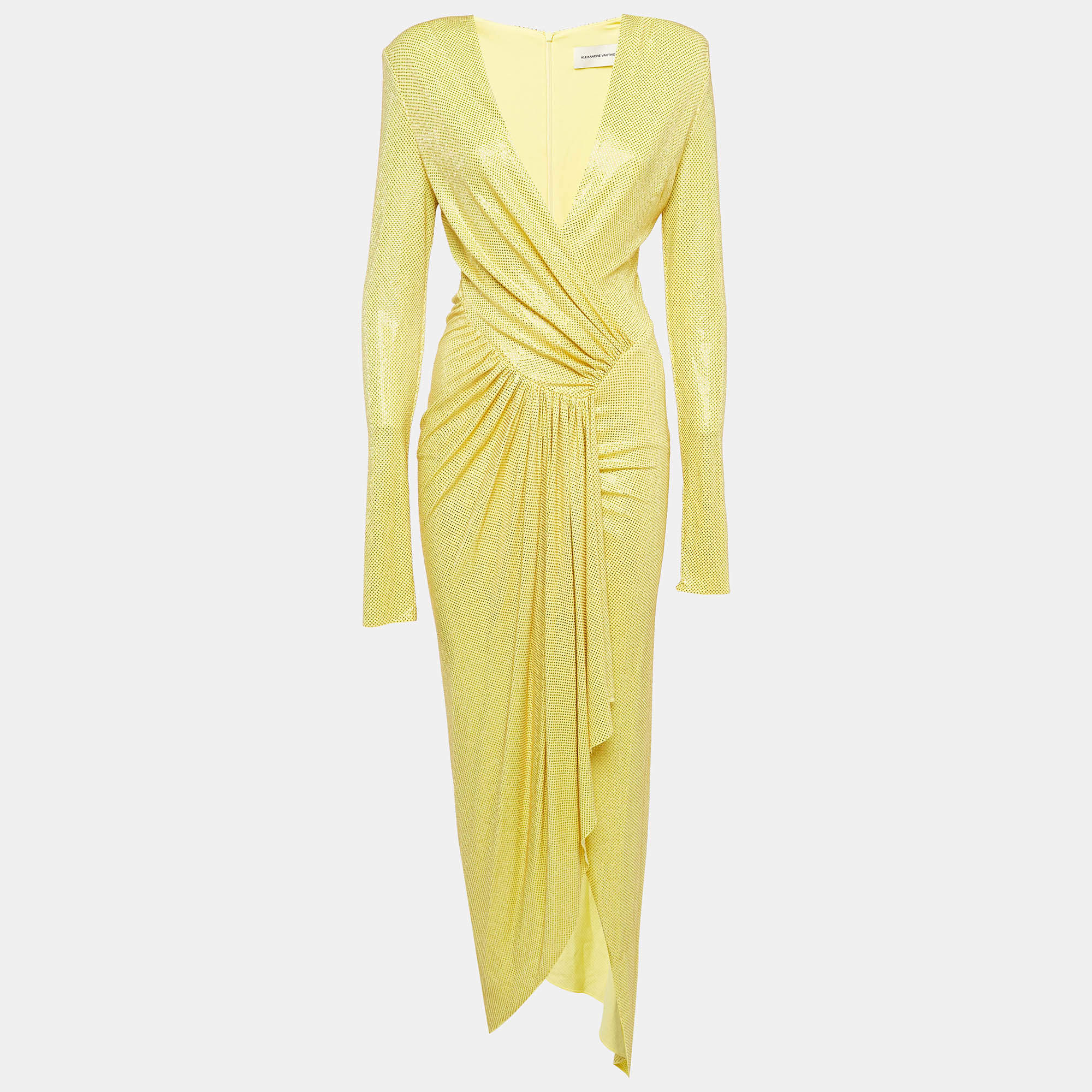 Alexandre Vauthier Yellow Studded Jersey Plunged Maxi Dress S