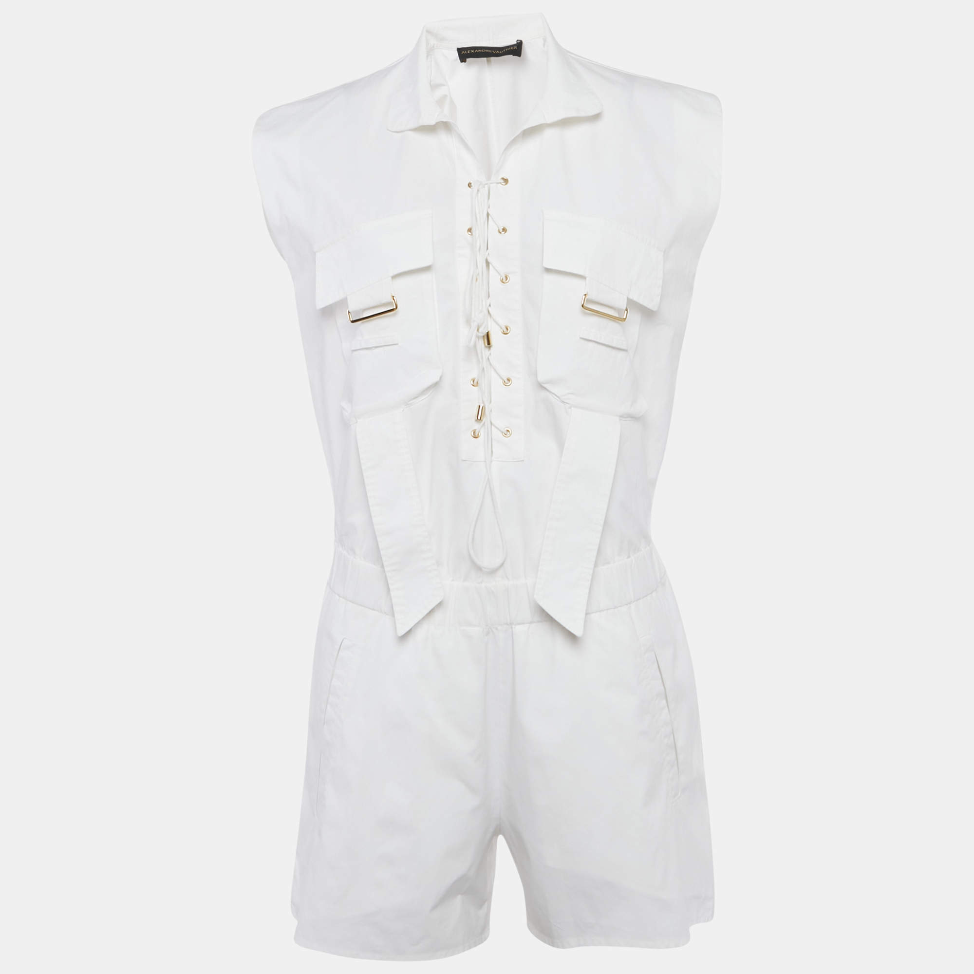 Pre Owned Alexandre Vauthier White Cotton Criss Cross Tie-Up Detail Playsuit XS