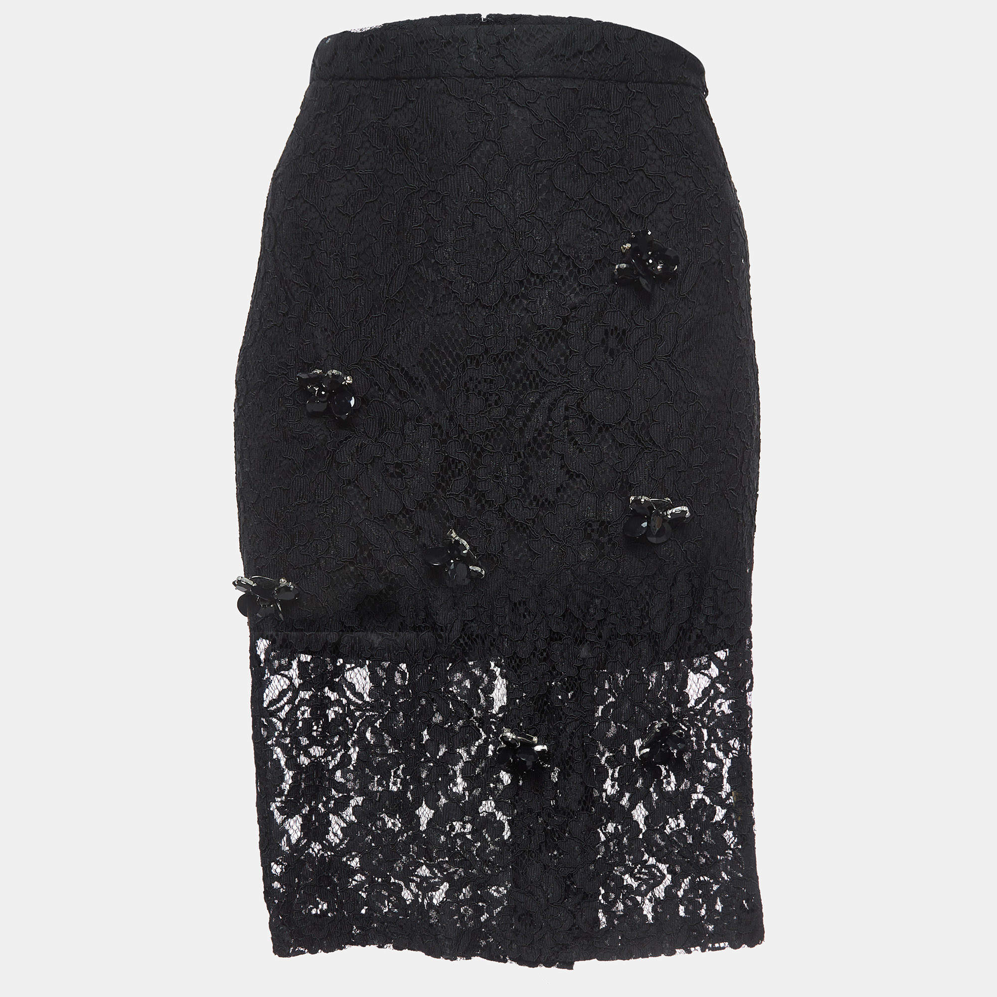 Pre Owned Alexis Black Brooch Embellished Lace Pencil Skirt M
