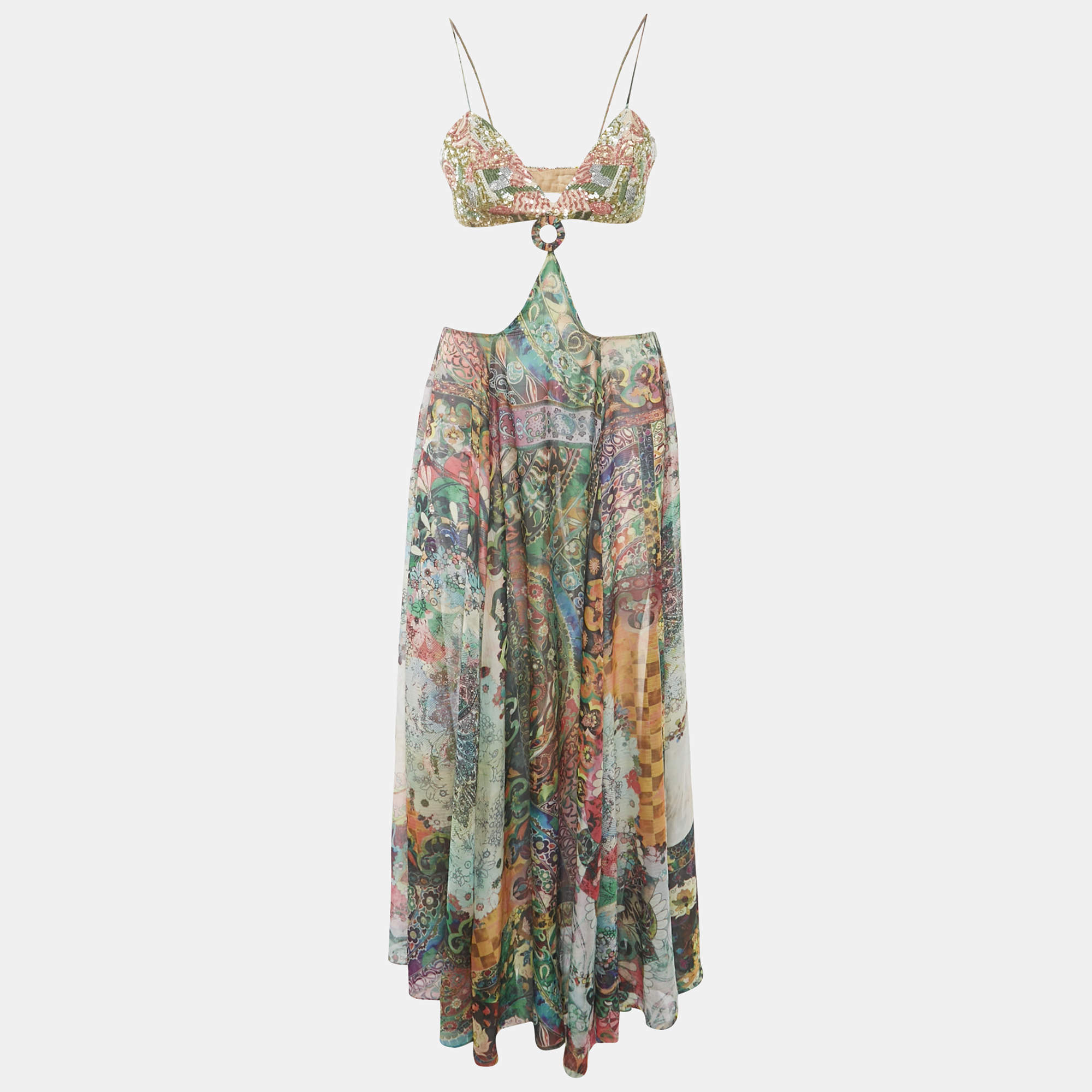 Alexis Green Sequin Embroidered Cut-Out Maxi Dress M