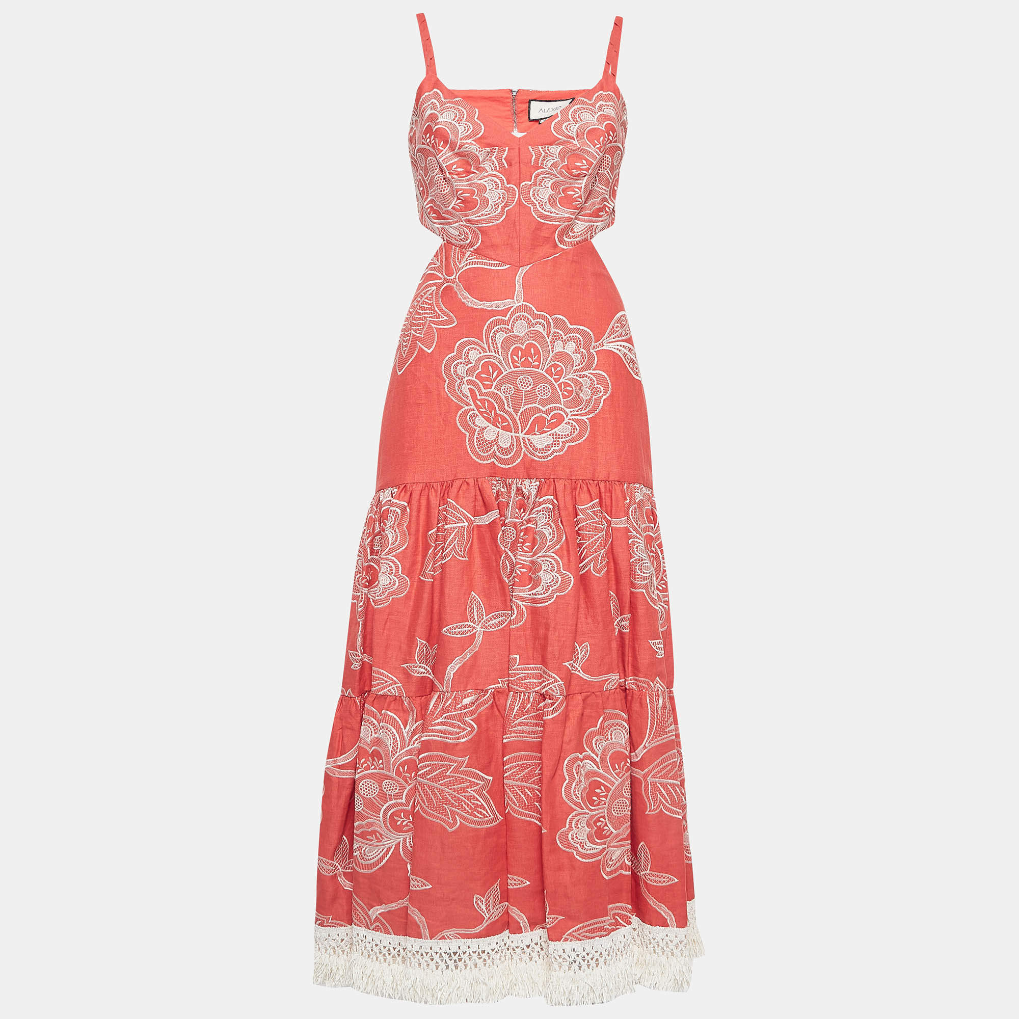 مملوكة مسبقًا Alexis Coral Orange Embroidered Cotton Midi Dress S
