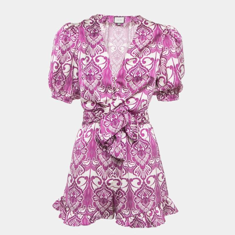 Pre Owned Alexis Purple Printed Satin Knotted Romper Jumpsuit XS