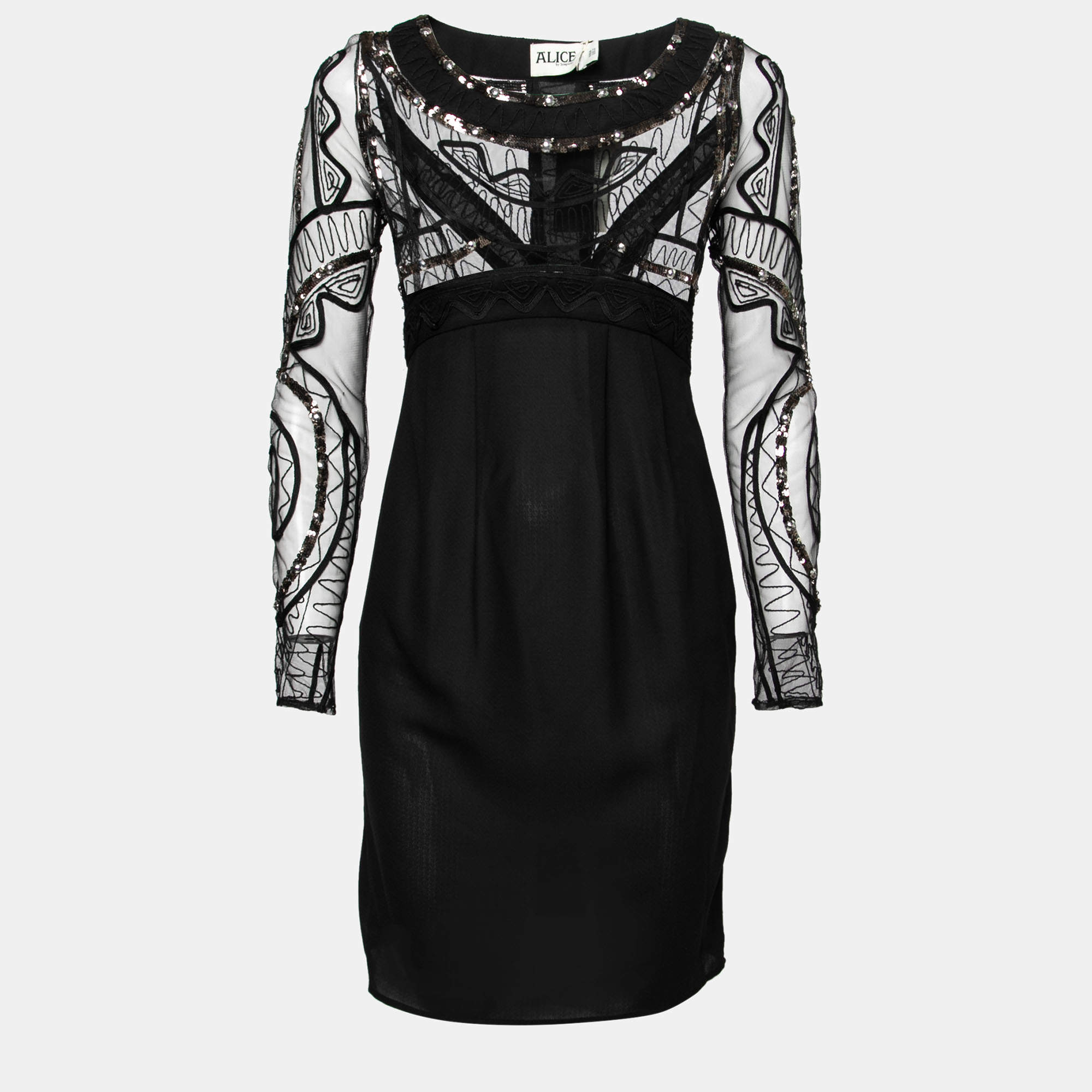 Alice by Temperley Sheer Black Embellished Lace Bodice Pencil Dress S
