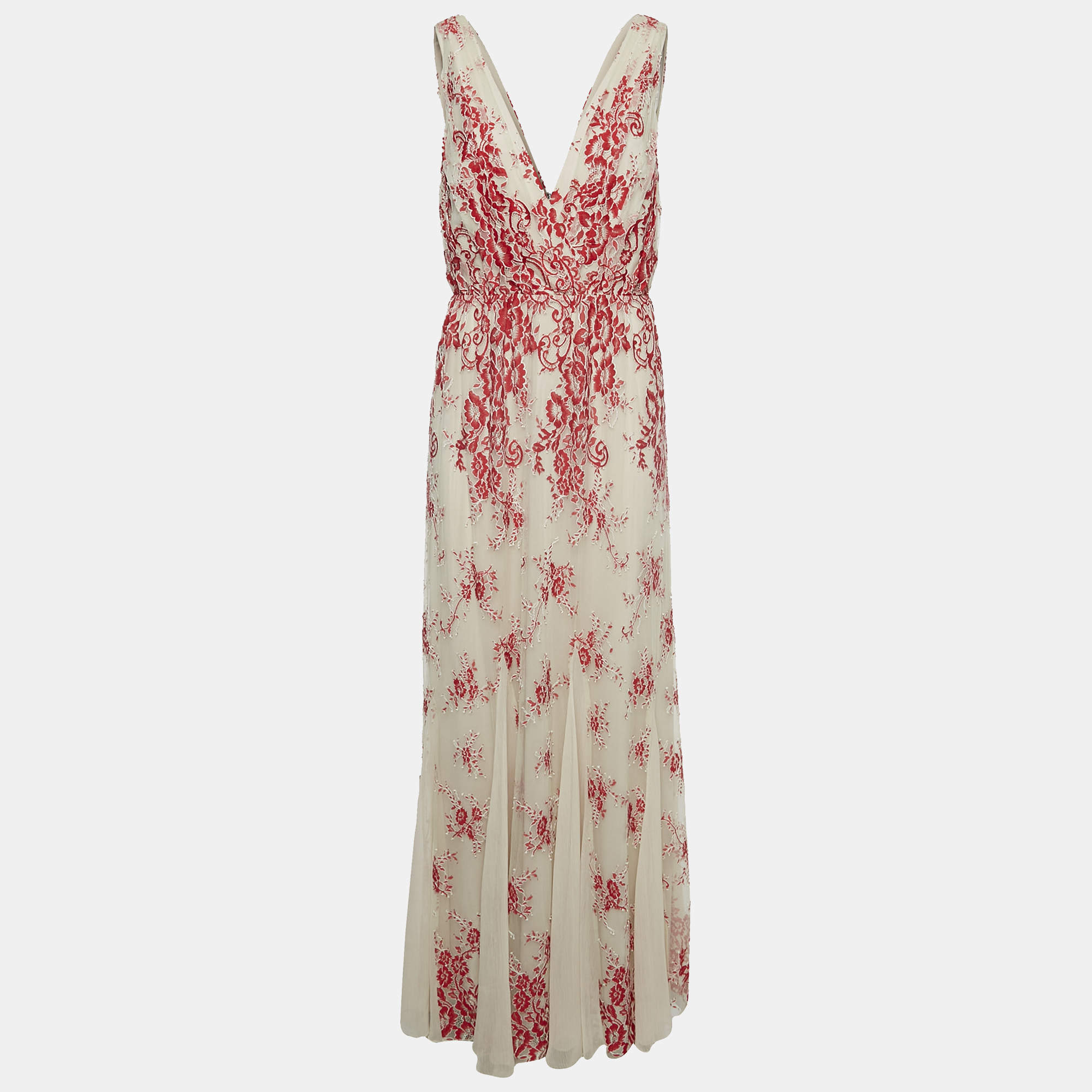 Alice + Olivia Beige/Red Floral Embroidery Lace V-Neck Sleeveless Maxi Dress L