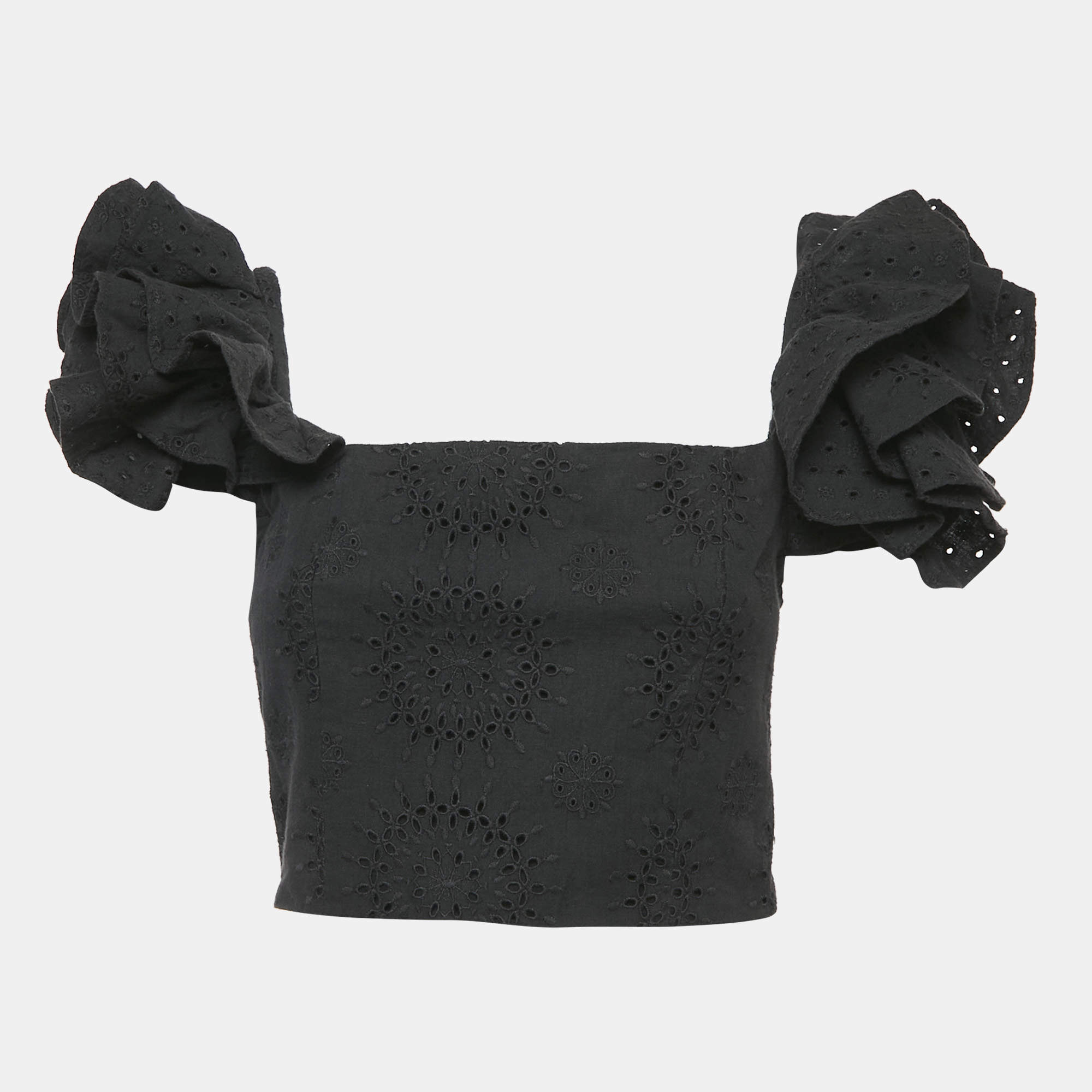 Alice + Olivia Black Broderie-Anglaise Tawny Ruffled Crop Top S
