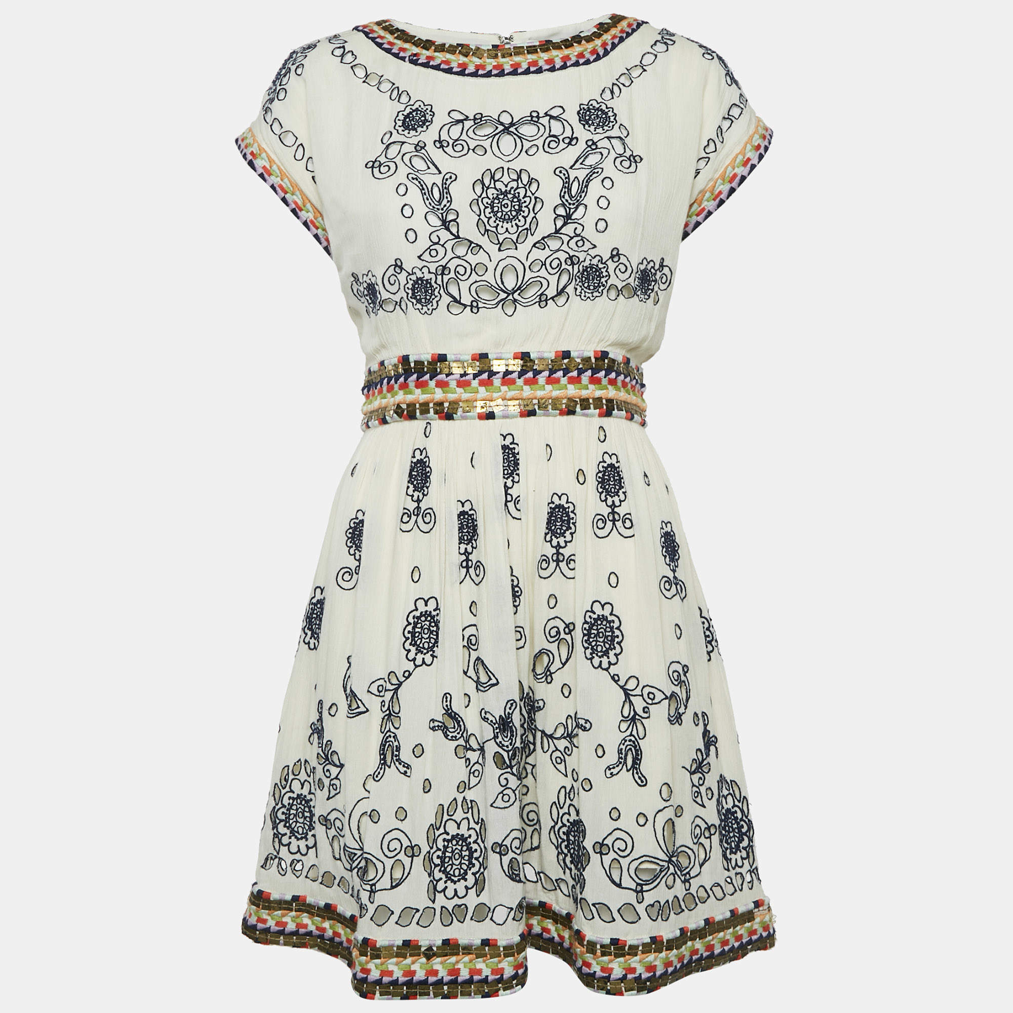 Pre Owned Alice + Olivia Off White Embroidered Mini Dress M