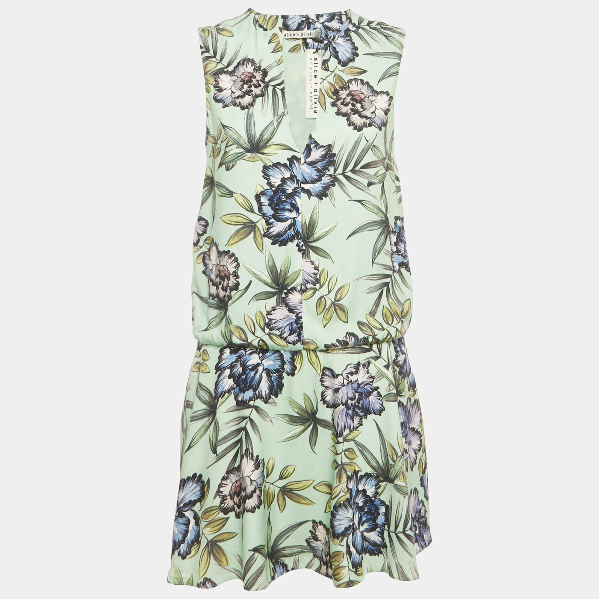 Pre Owned Alice + Olivia Green Floral Print Crepe Mini Dress M