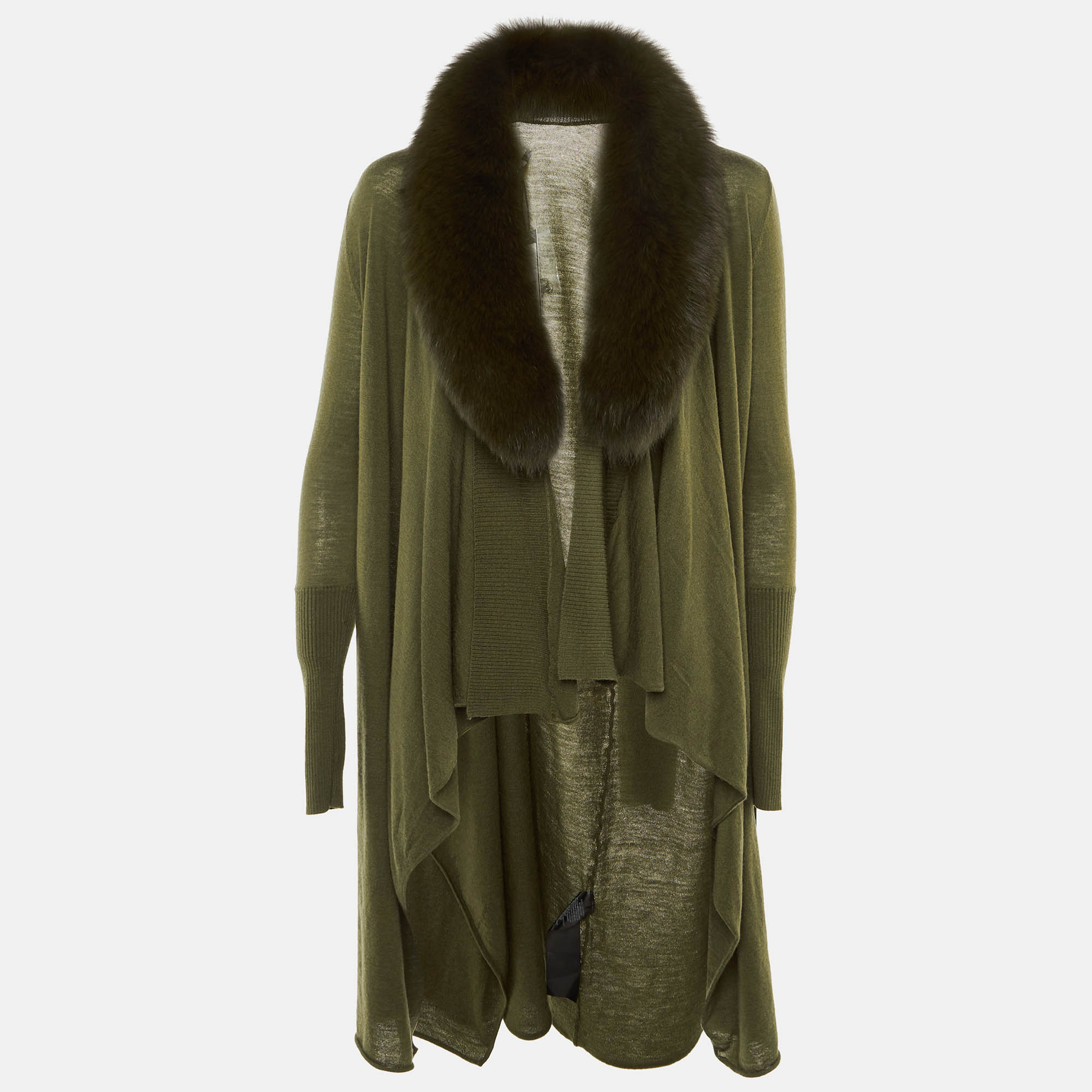 Pre Owned Alice + Olivia Olive Green Wool Detachable Fur Open Front Cardigan XS