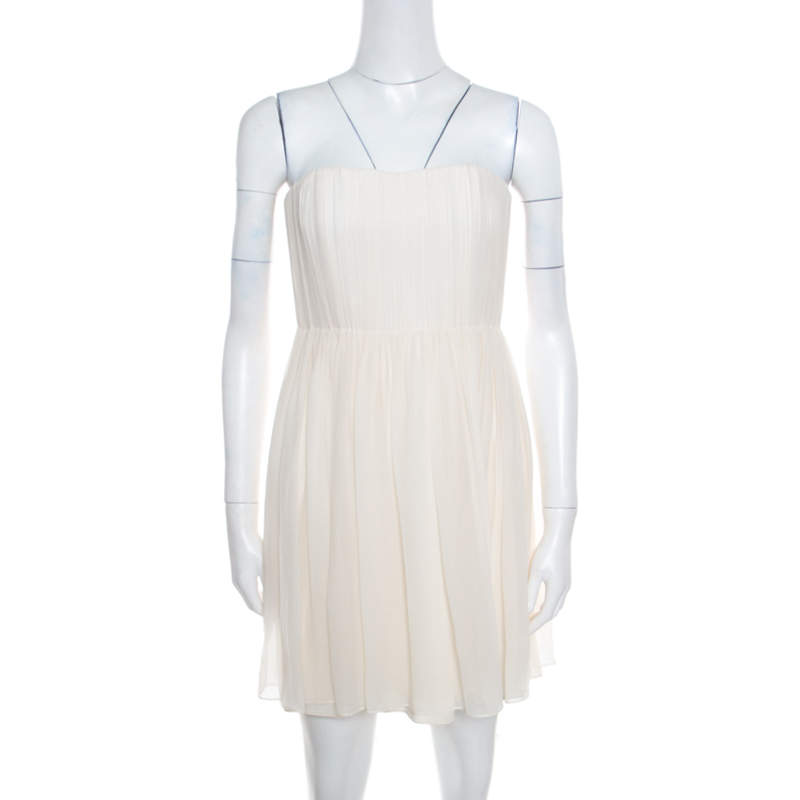 Pre Owned Alice + Olivia Cream Crepe Silk Pleated Bodice Strapless Skater Dress S
