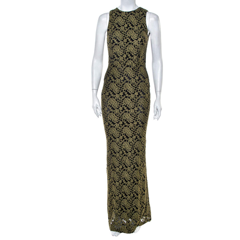 Pre Owned Alice + Olivia Olive Green Embroidered Tulle Open Back Detail Sleeveless Gown S