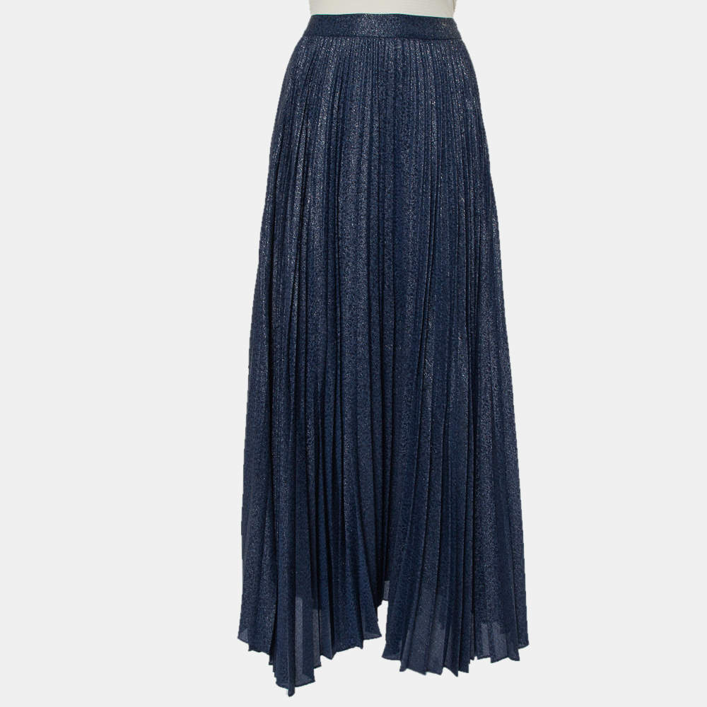 Pre Owned Alice + Olivia Navy Blue Silk Jacquard Pleated Katz Maxi Skirt M
