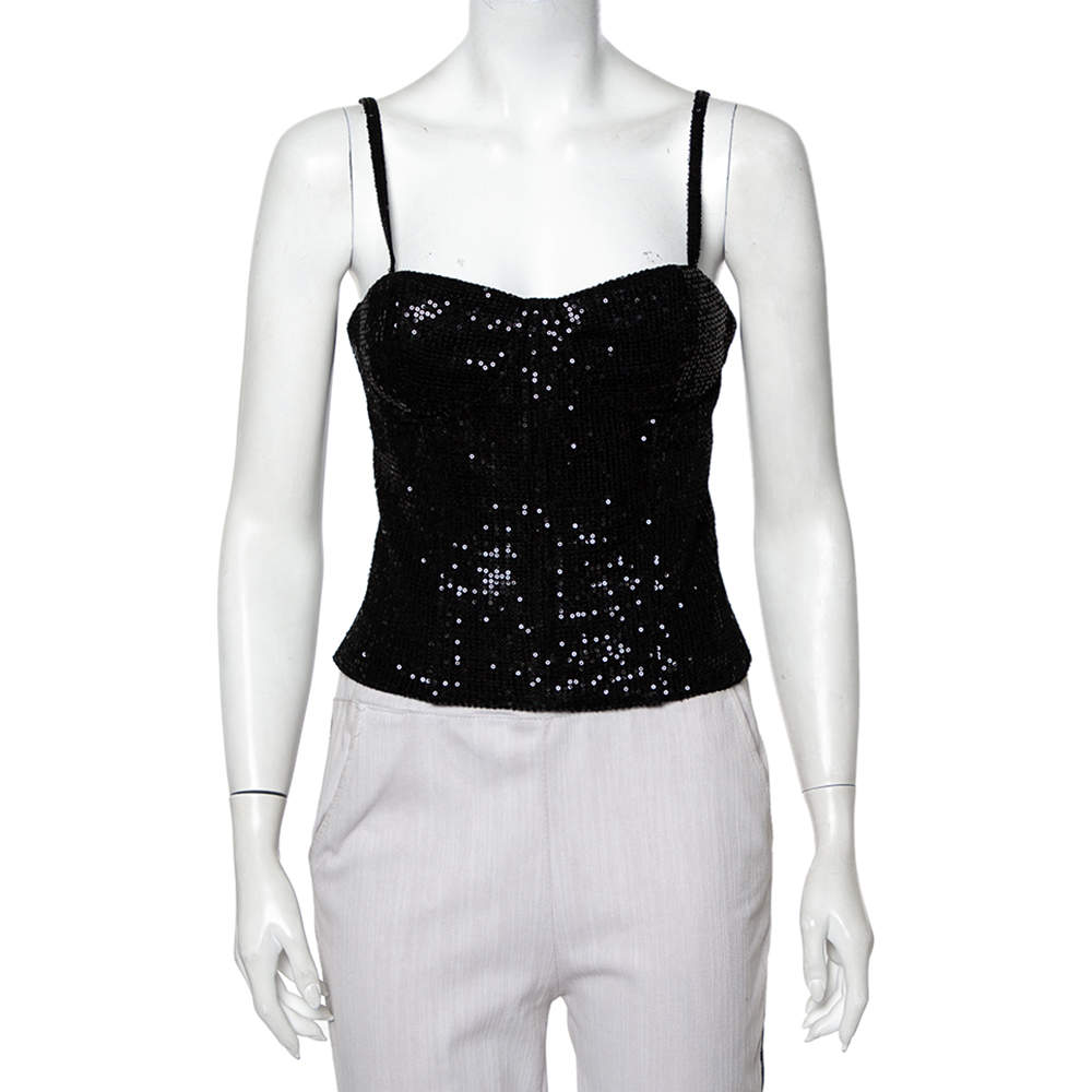 Pre Owned Alice + Olivia Black Sequin Embellished Bustier May Top M