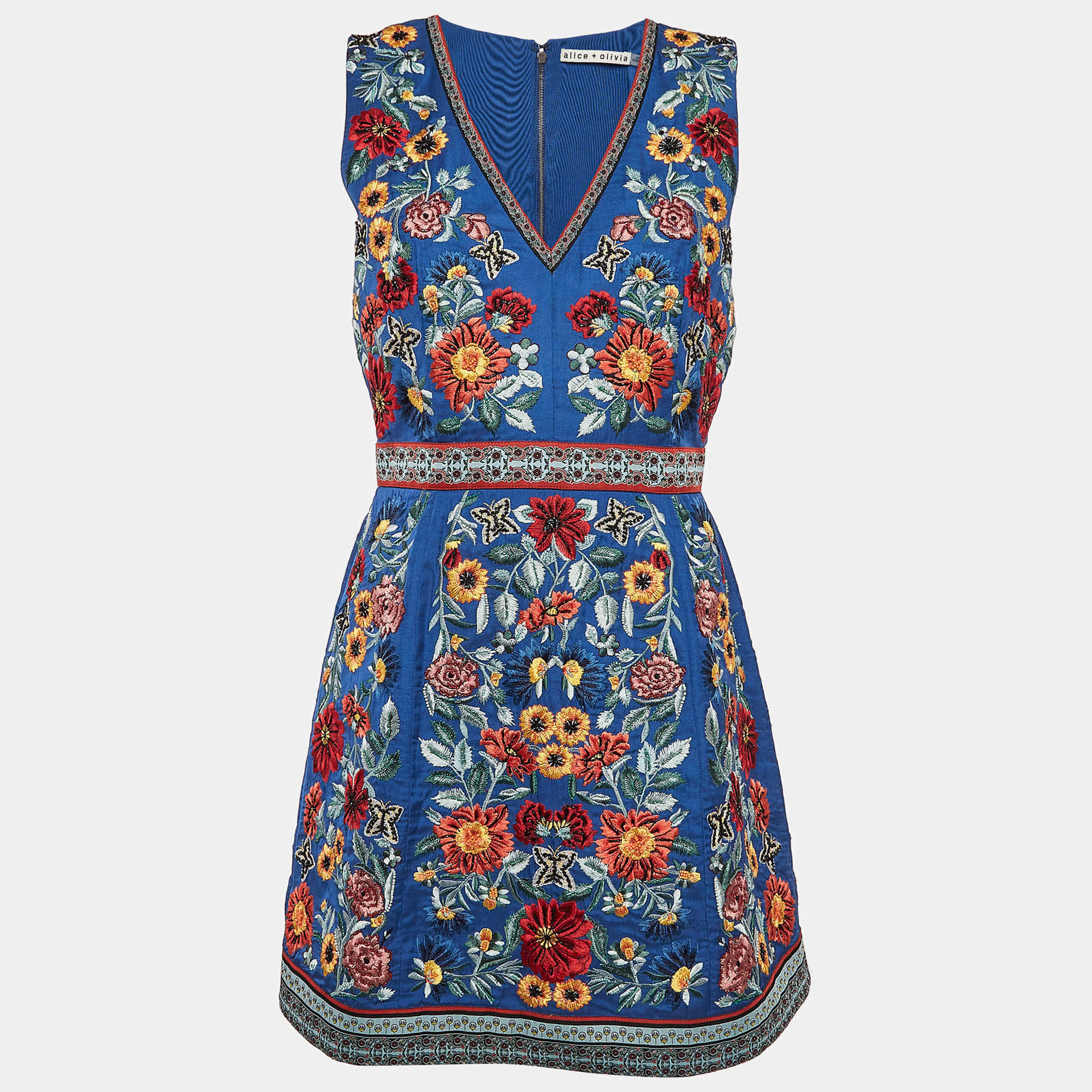 Alice + Olivia Blue Floral Beaded Embroidery Crepe Mini Dress M