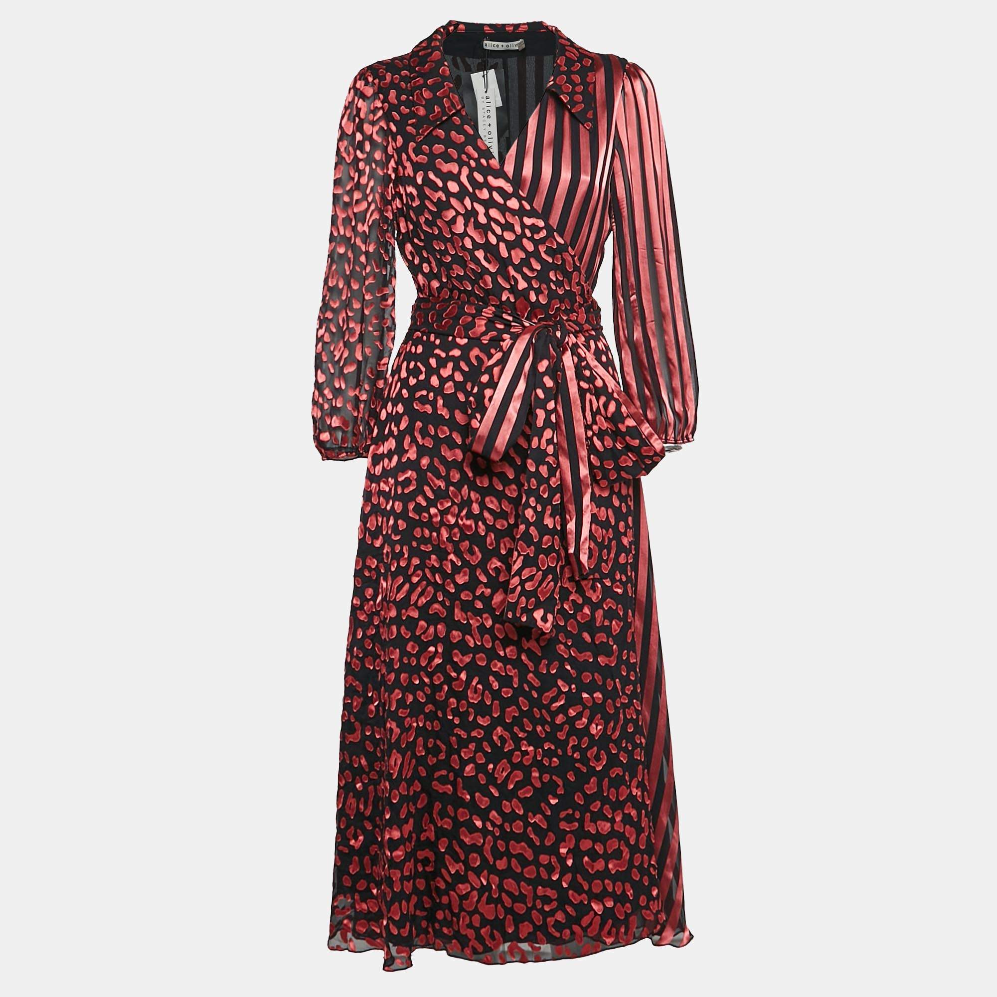 Pre Owned Alice + Olivia Black/Pink Leopard Fil-coupe and Striped Silk Blend Midi Wrap Dress L